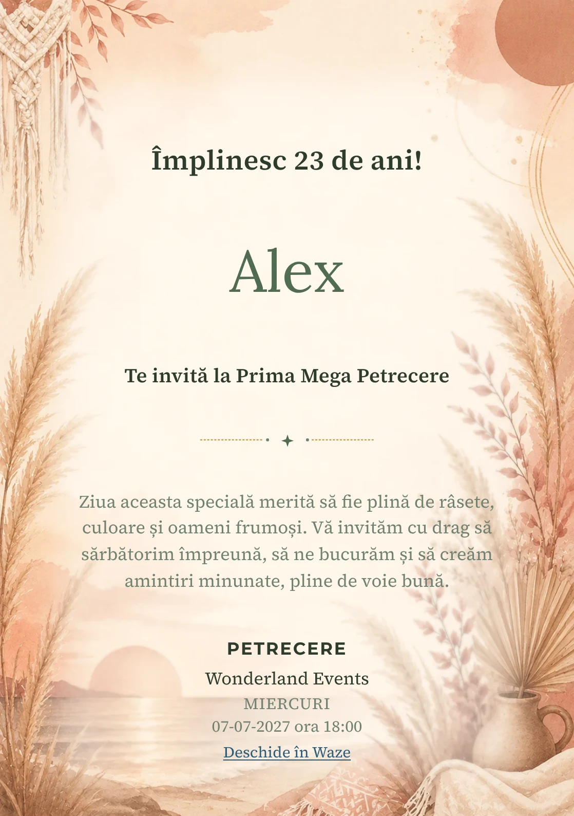 Invitație digitală aniversară Boho Sunset, fundal premium cu pampas, apus boho și tonuri terracotta