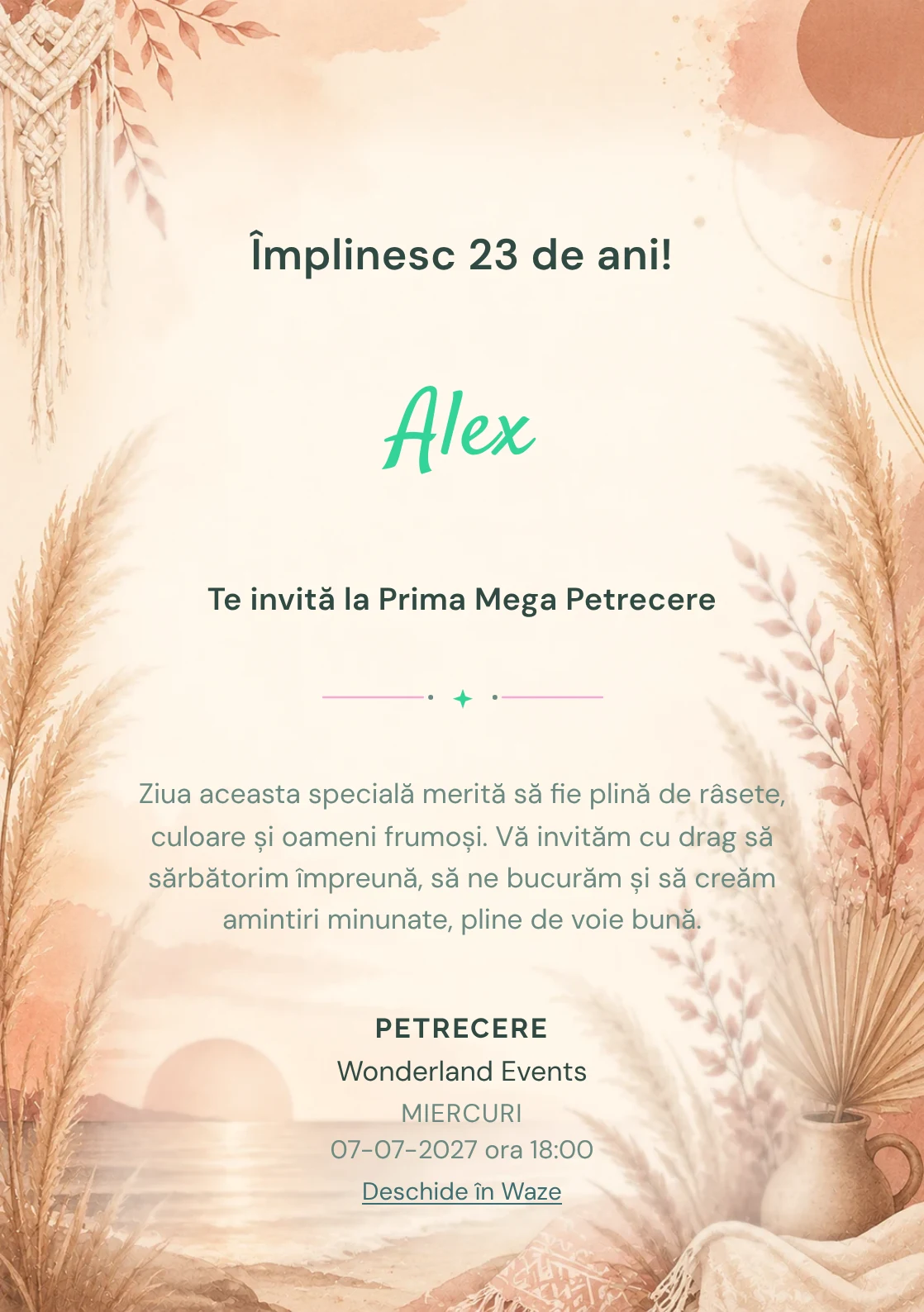 Invitație digitală aniversară Boho Sunset, fundal premium cu pampas, apus boho și tonuri terracotta