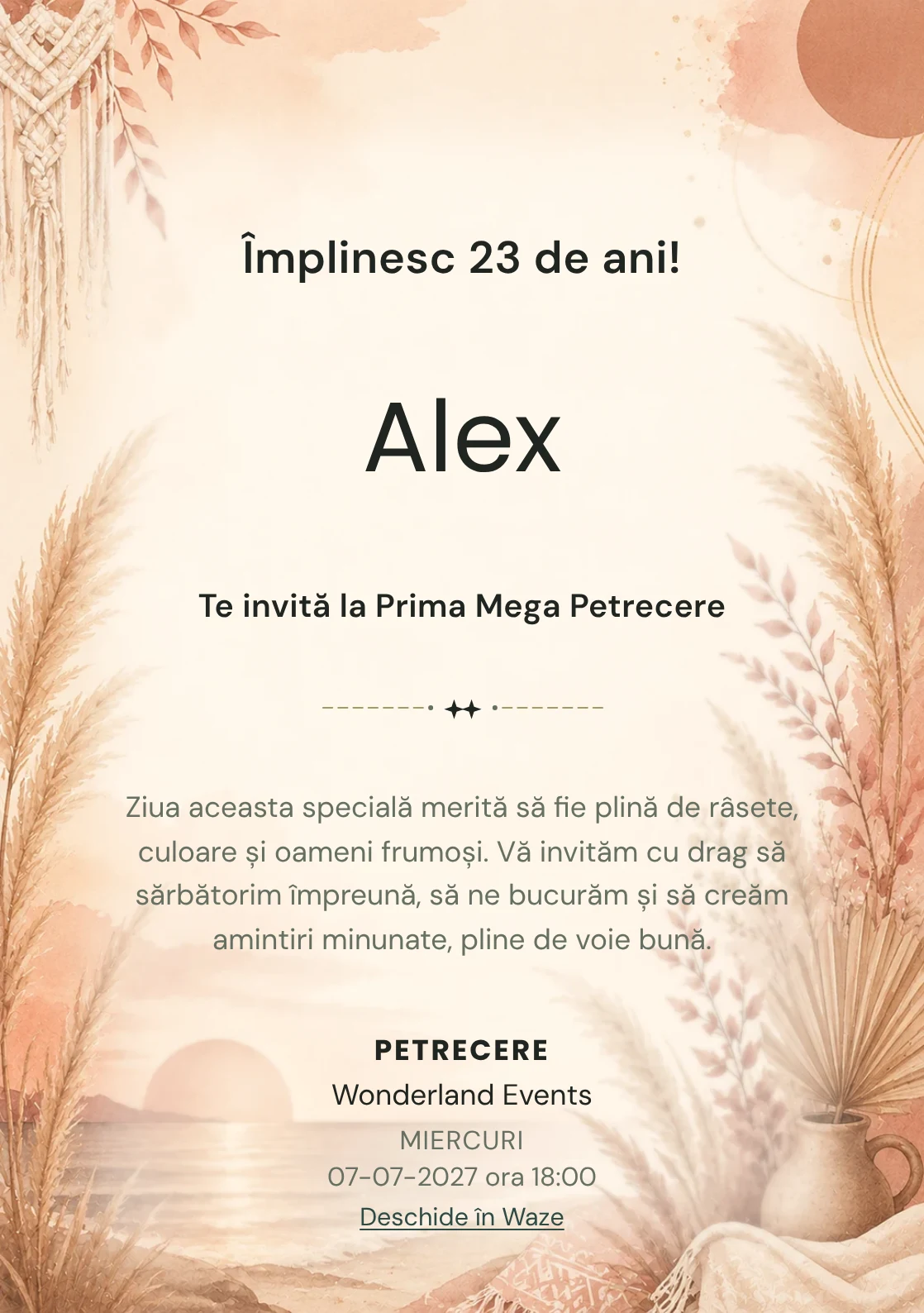 Invitație digitală aniversară Boho Sunset, fundal premium cu pampas, apus boho și tonuri terracotta