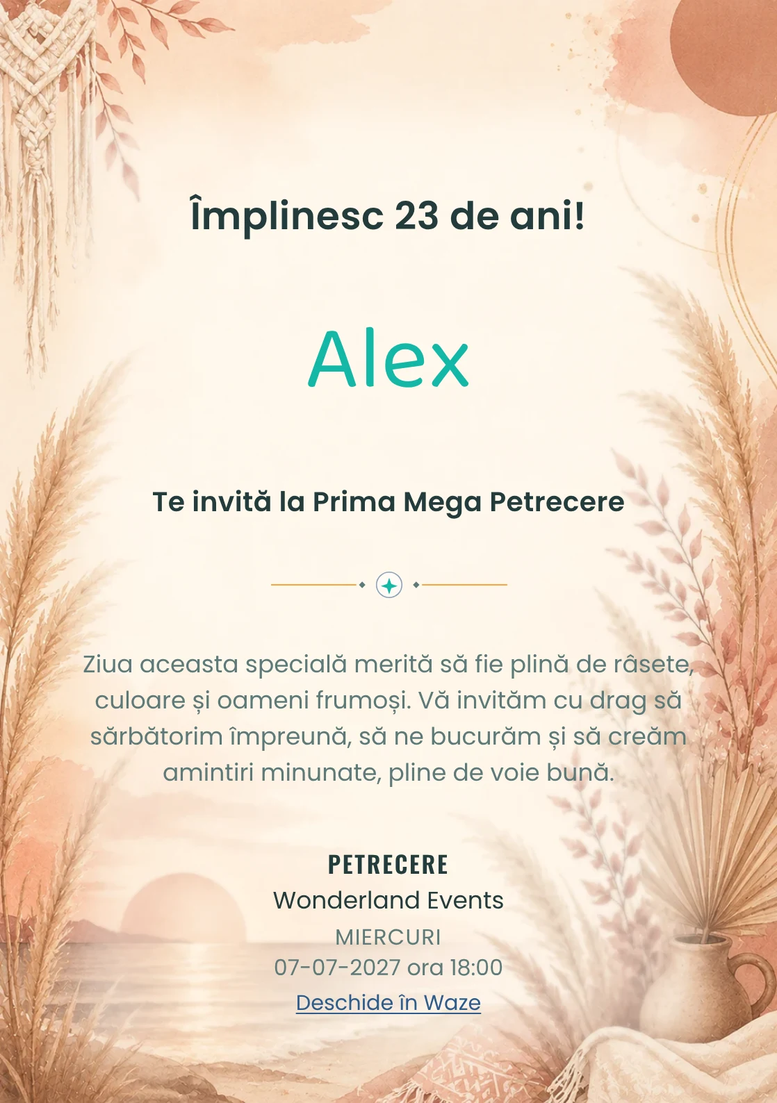 Invitație digitală aniversară Boho Sunset, fundal premium cu pampas, apus boho și tonuri terracotta