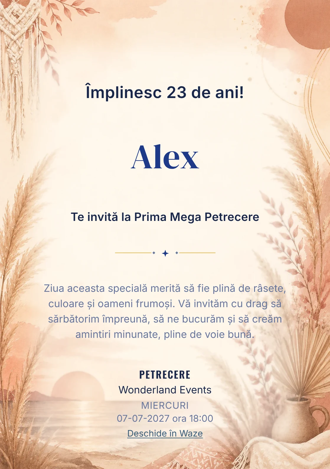 Invitație digitală aniversară Boho Sunset, fundal premium cu pampas, apus boho și tonuri terracotta