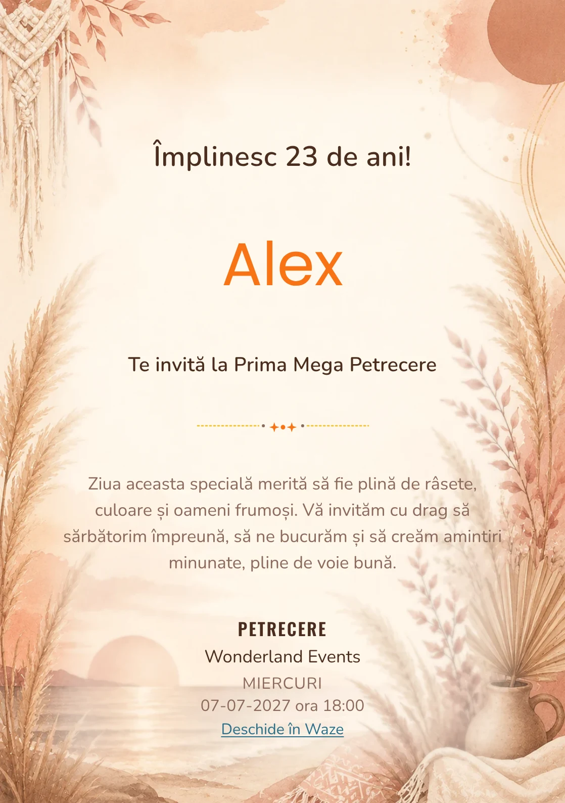 Invitație digitală aniversară Boho Sunset, fundal premium cu pampas, apus boho și tonuri terracotta