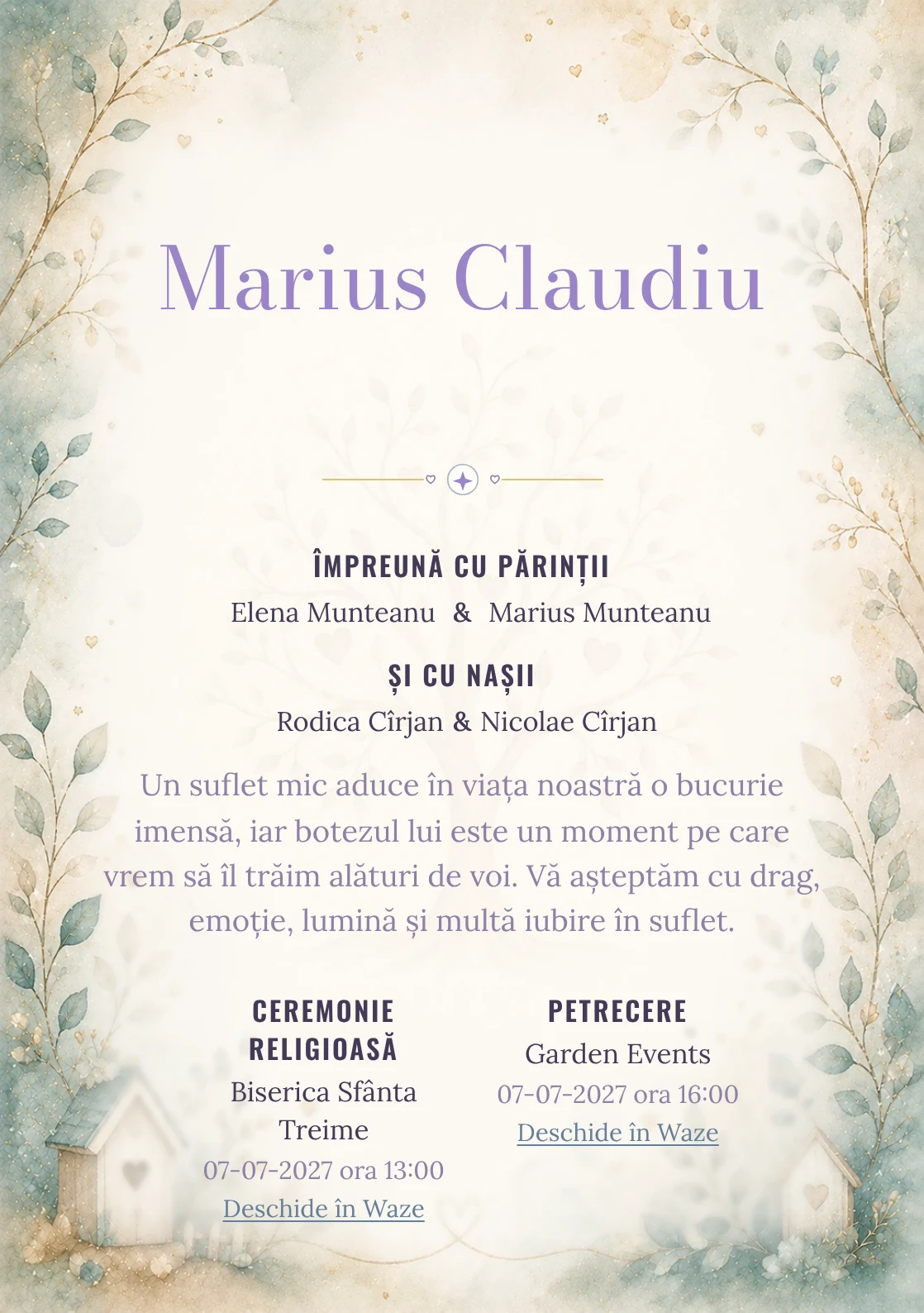 Invitație digitală de botez Bucurie de Familie, fundal cu simbol de familie/ramură genealogică, teal desaturat, nisipiu și aur fin și centru luminos pentru text