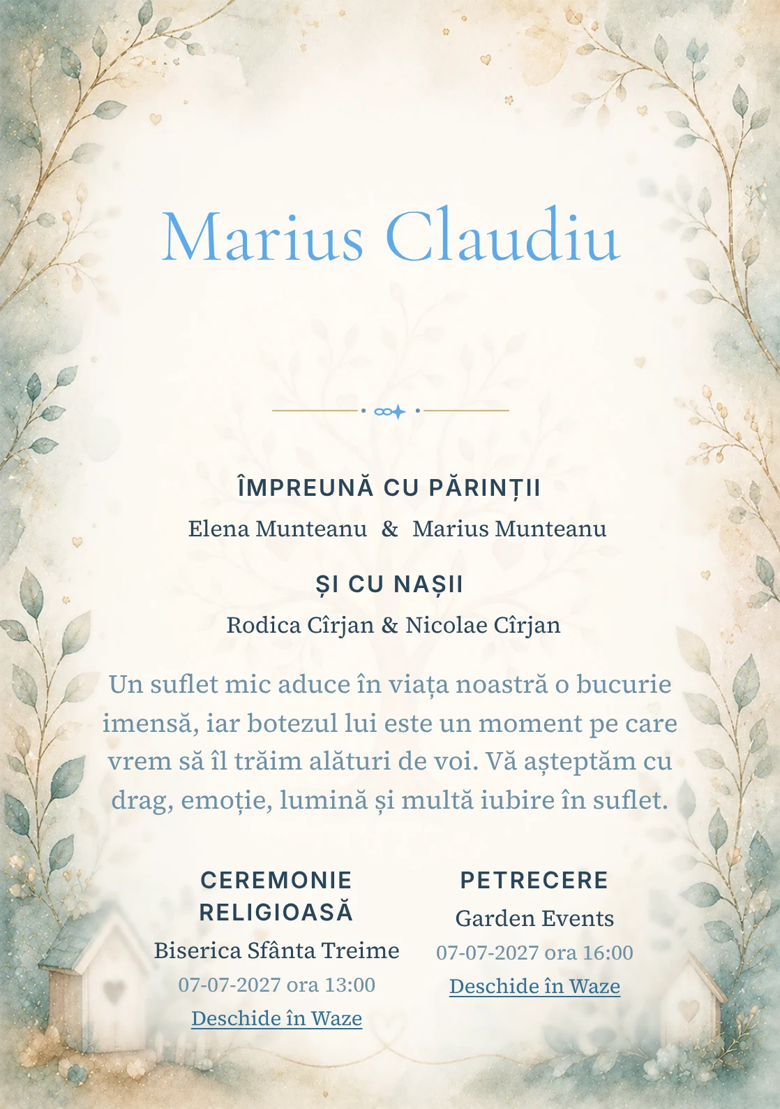 Invitație digitală de botez Bucurie de Familie, fundal cu simbol de familie/ramură genealogică, teal desaturat, nisipiu și aur fin și centru luminos pentru text