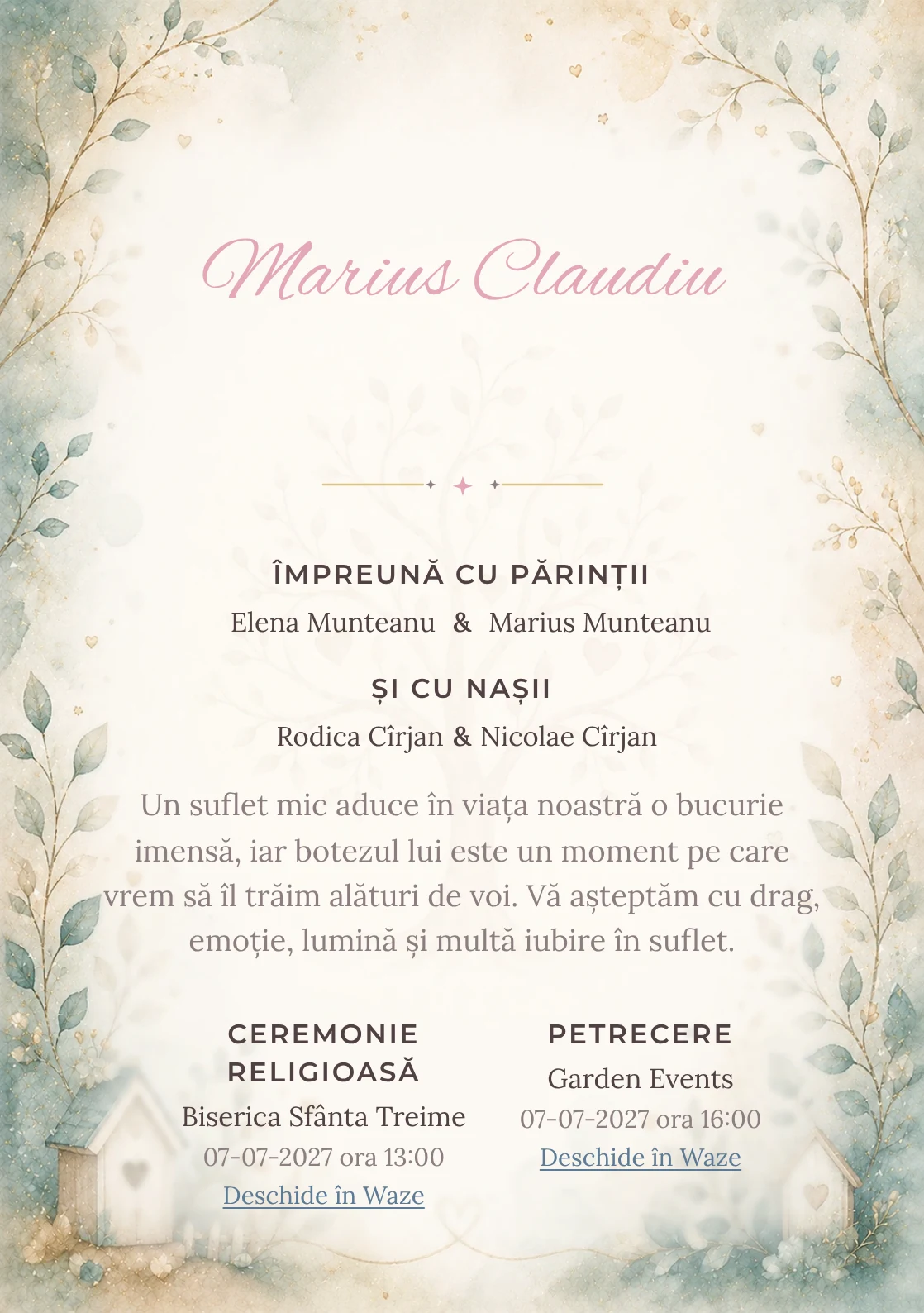 Invitație digitală de botez Bucurie de Familie, fundal cu simbol de familie/ramură genealogică, teal desaturat, nisipiu și aur fin și centru luminos pentru text
