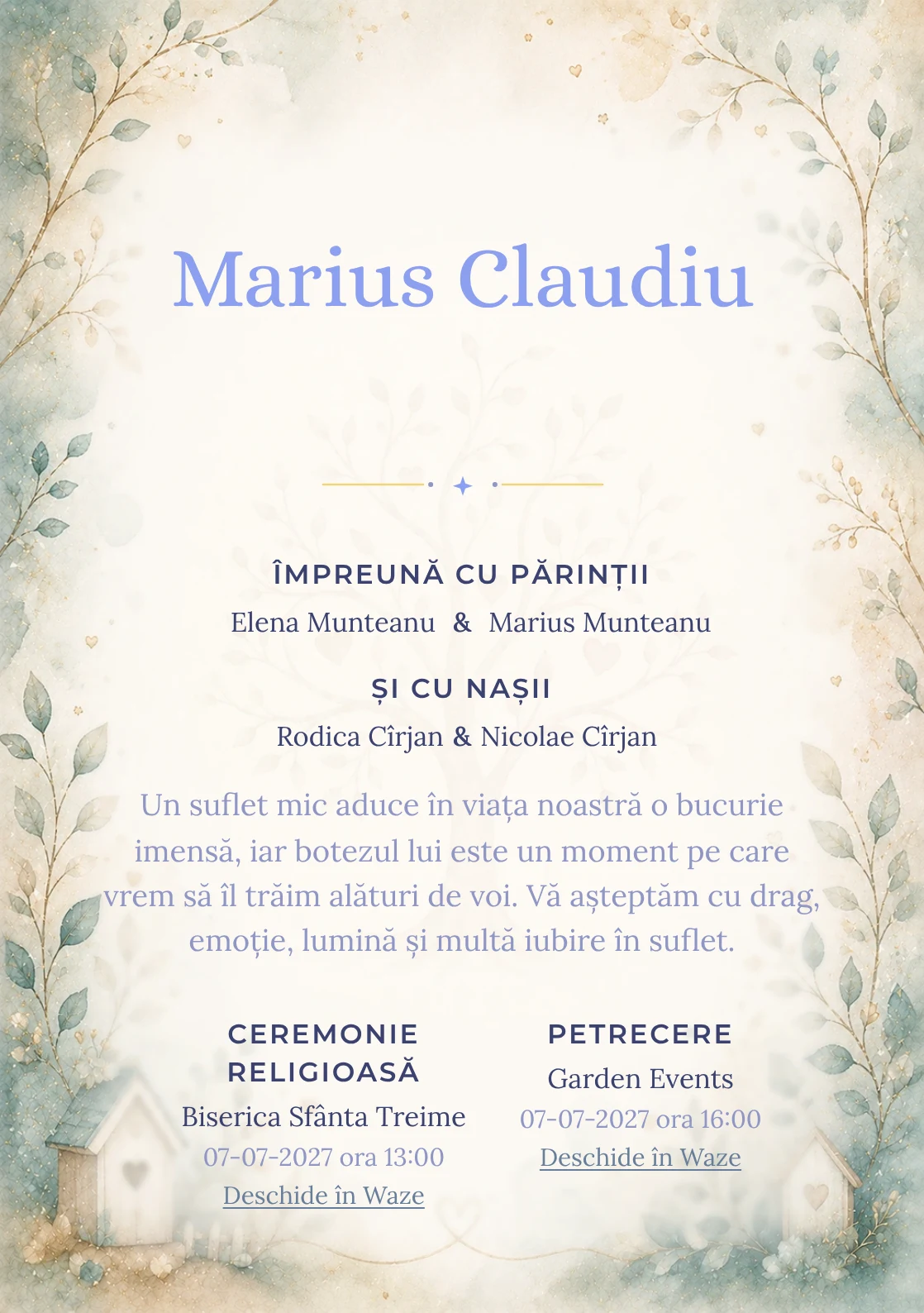 Invitație digitală de botez Bucurie de Familie, fundal cu simbol de familie/ramură genealogică, teal desaturat, nisipiu și aur fin și centru luminos pentru text