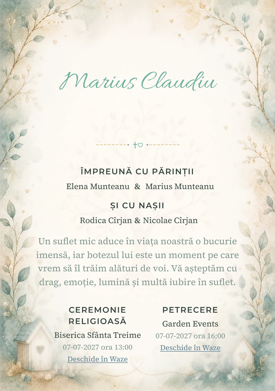 Invitație digitală de botez Bucurie de Familie, fundal cu simbol de familie/ramură genealogică, teal desaturat, nisipiu și aur fin și centru luminos pentru text