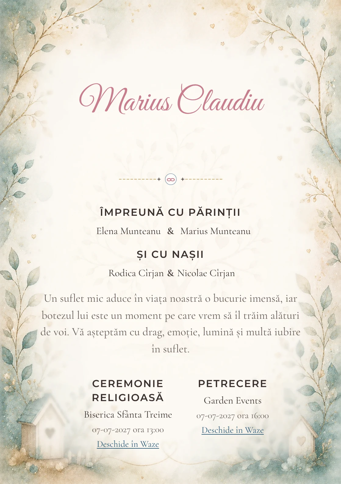 Invitație digitală de botez Bucurie de Familie, fundal cu simbol de familie/ramură genealogică, teal desaturat, nisipiu și aur fin și centru luminos pentru text