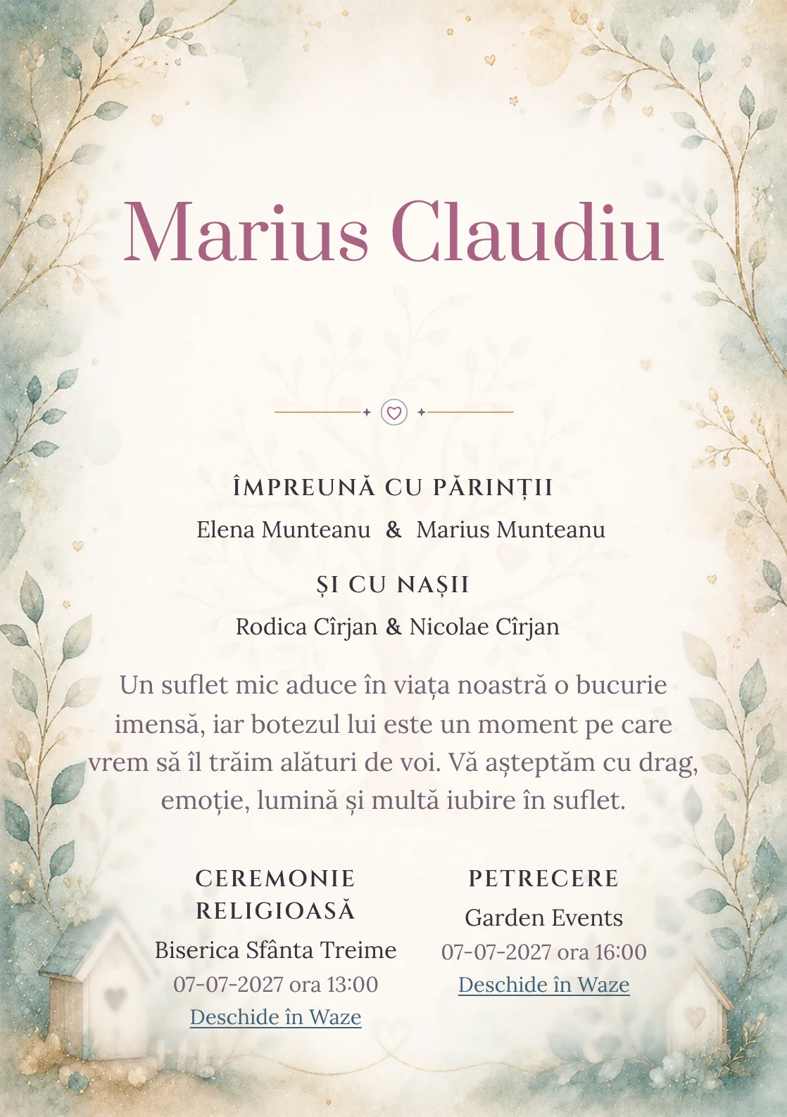Invitație digitală de botez Bucurie de Familie, fundal cu simbol de familie/ramură genealogică, teal desaturat, nisipiu și aur fin și centru luminos pentru text