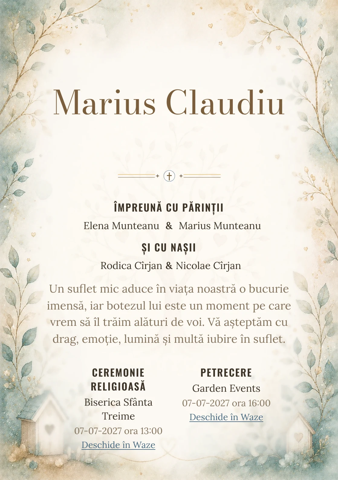 Invitație digitală de botez Bucurie de Familie, fundal cu simbol de familie/ramură genealogică, teal desaturat, nisipiu și aur fin și centru luminos pentru text