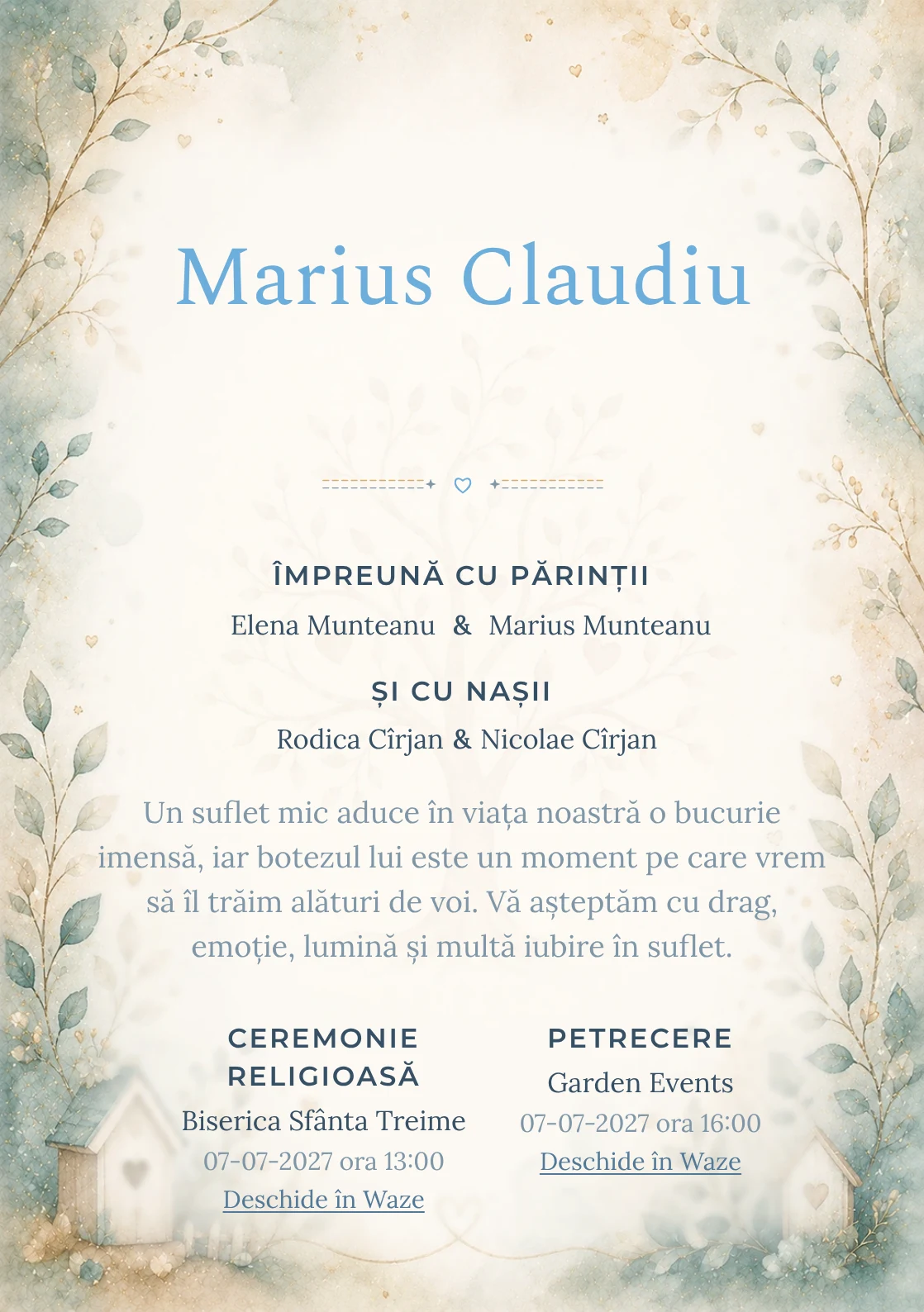 Invitație digitală de botez Bucurie de Familie, fundal cu simbol de familie/ramură genealogică, teal desaturat, nisipiu și aur fin și centru luminos pentru text