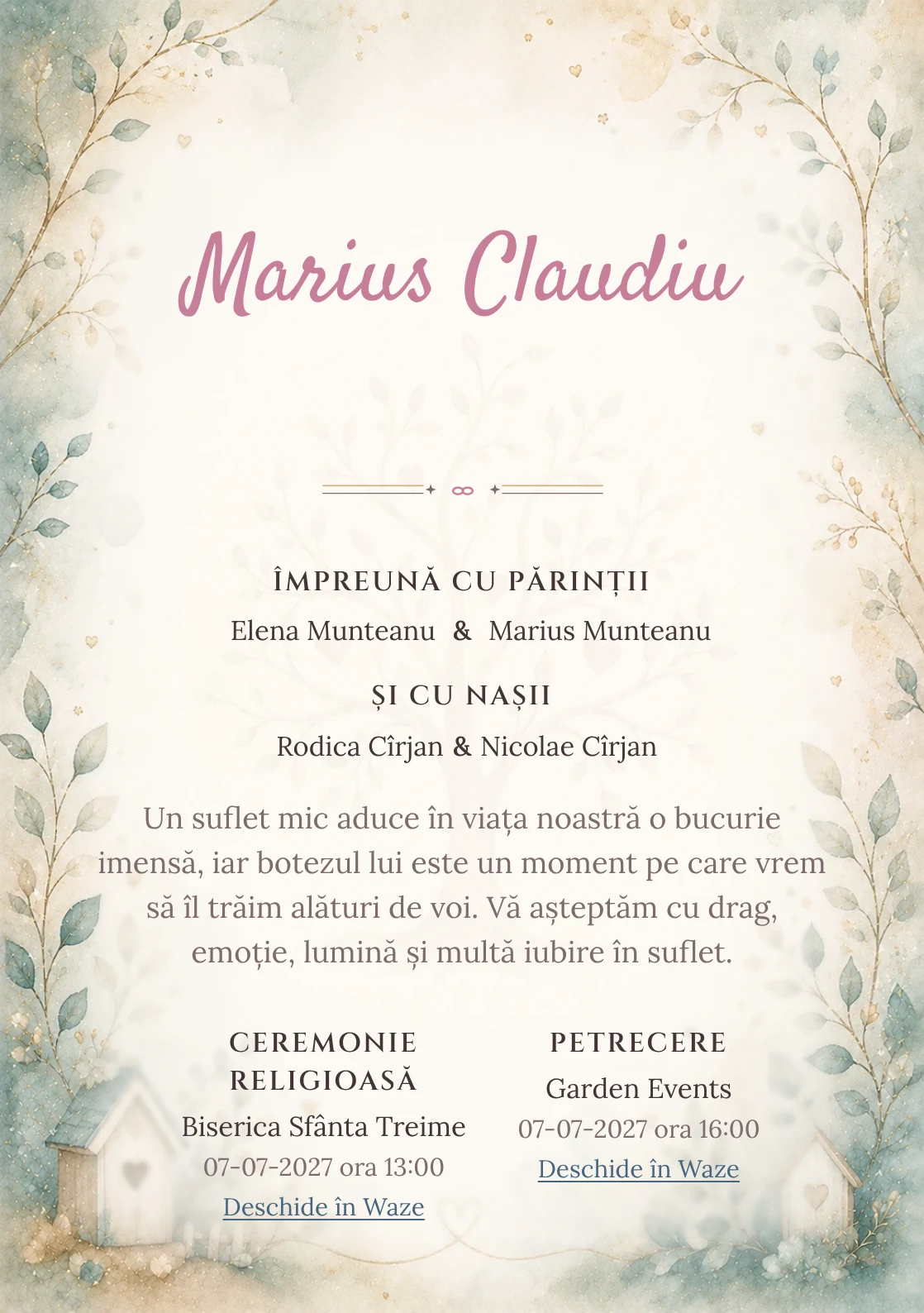 Invitație digitală de botez Bucurie de Familie, fundal cu simbol de familie/ramură genealogică, teal desaturat, nisipiu și aur fin și centru luminos pentru text