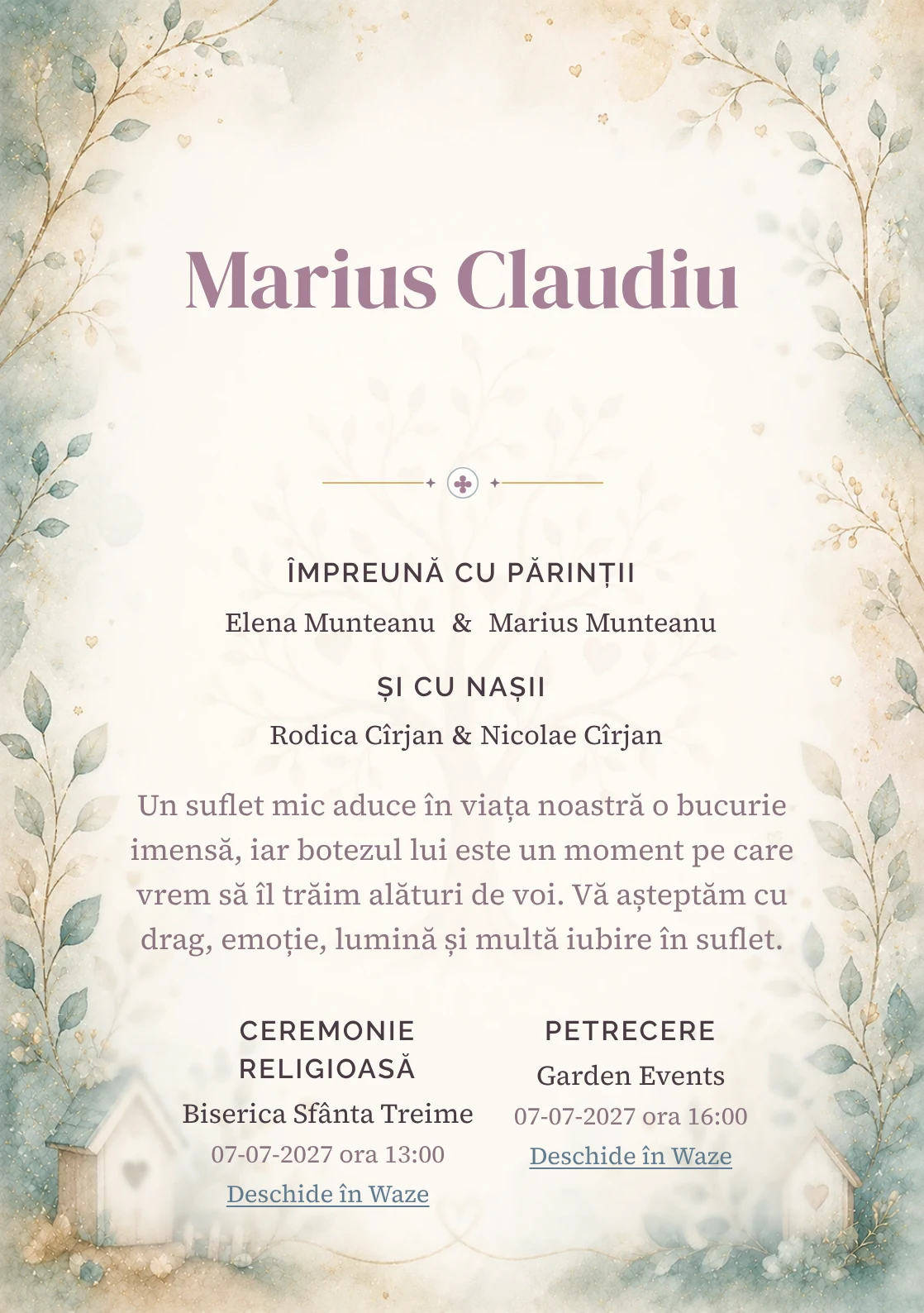 Invitație digitală de botez Bucurie de Familie, fundal cu simbol de familie/ramură genealogică, teal desaturat, nisipiu și aur fin și centru luminos pentru text