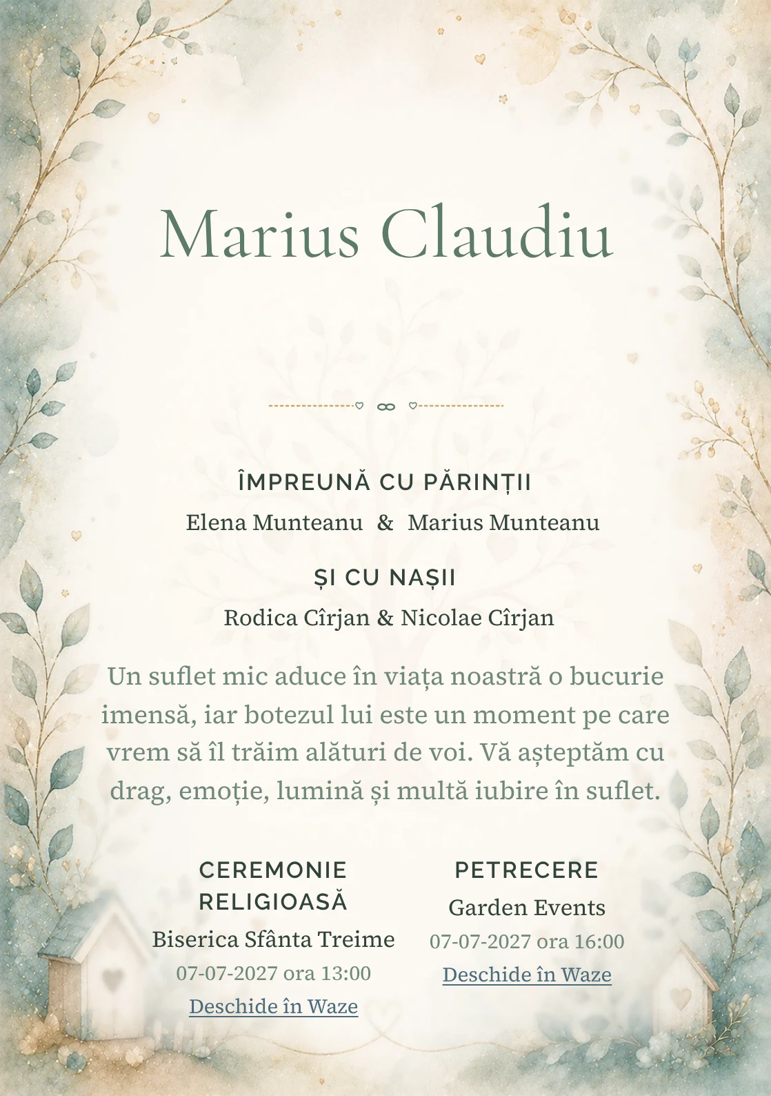 Invitație digitală de botez Bucurie de Familie, fundal cu simbol de familie/ramură genealogică, teal desaturat, nisipiu și aur fin și centru luminos pentru text