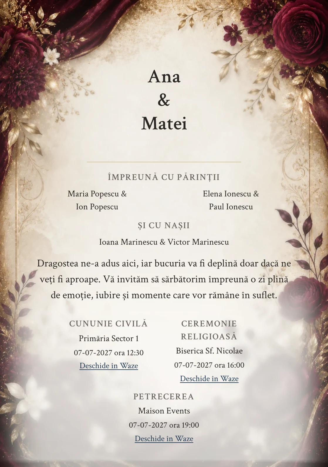 Invitație digitală de nuntă Burgundy Velvet, fundal burgundy velvet, potrivit pentru pachetele Basic și Premium