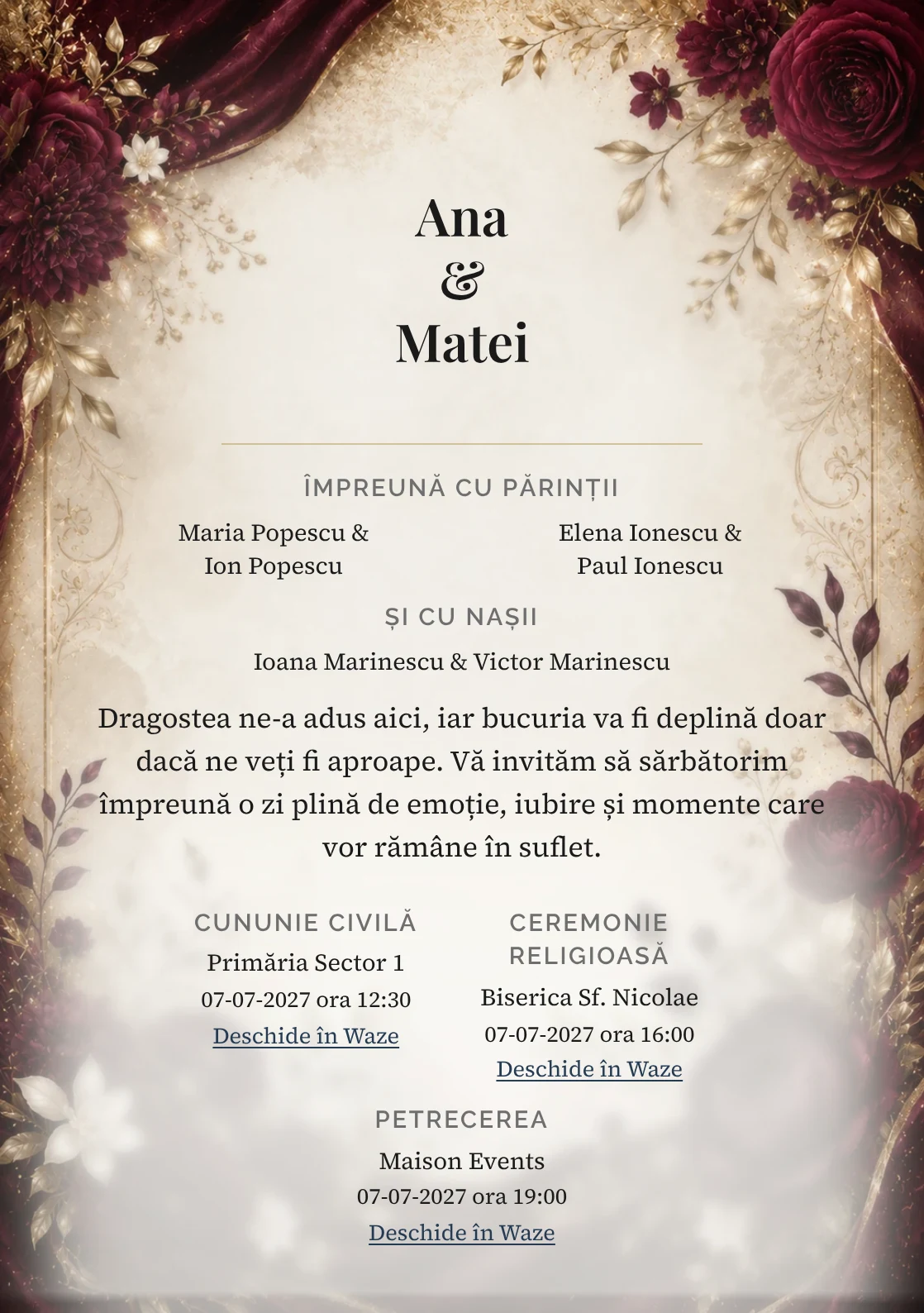 Invitație digitală de nuntă Burgundy Velvet, fundal burgundy velvet, potrivit pentru pachetele Basic și Premium
