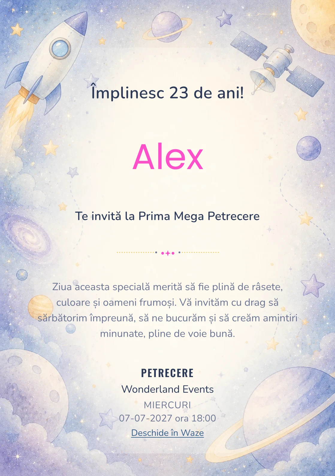 Invitație digitală de zi de naștere Călătorie Spațială, fundal pastel cu rachetă, sateliți și planete pastel