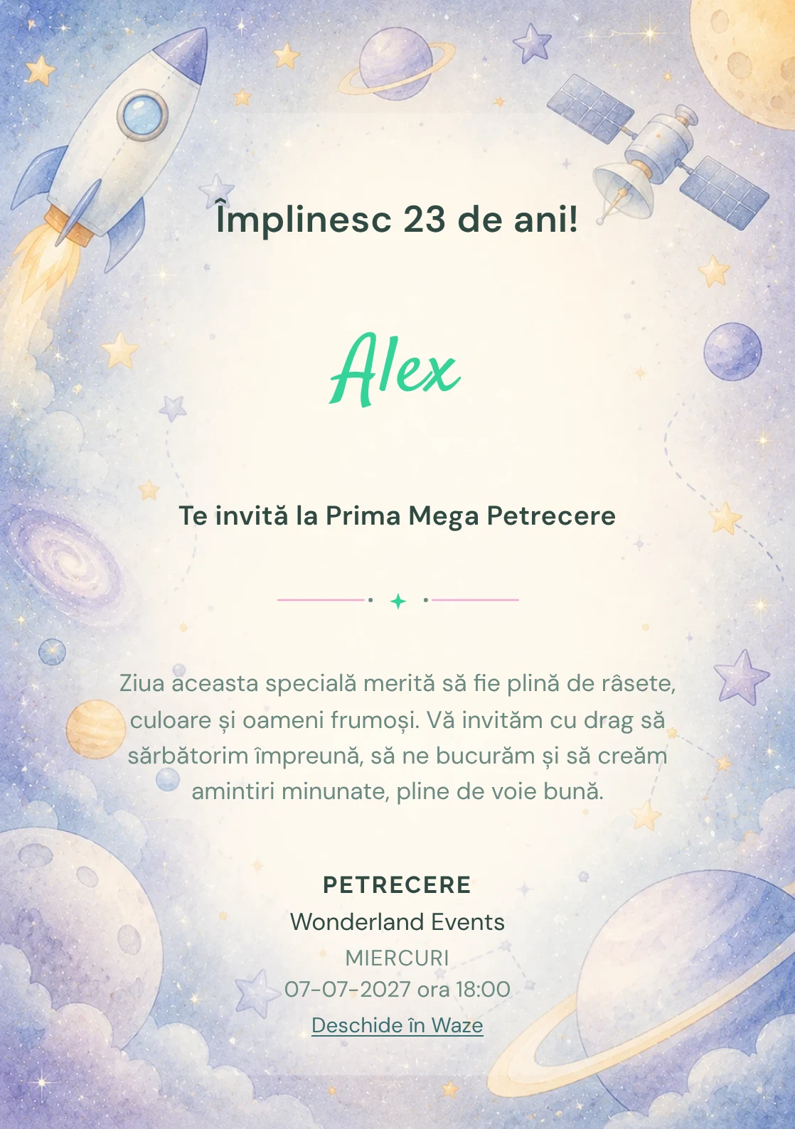 Invitație digitală de zi de naștere Călătorie Spațială, fundal pastel cu rachetă, sateliți și planete pastel
