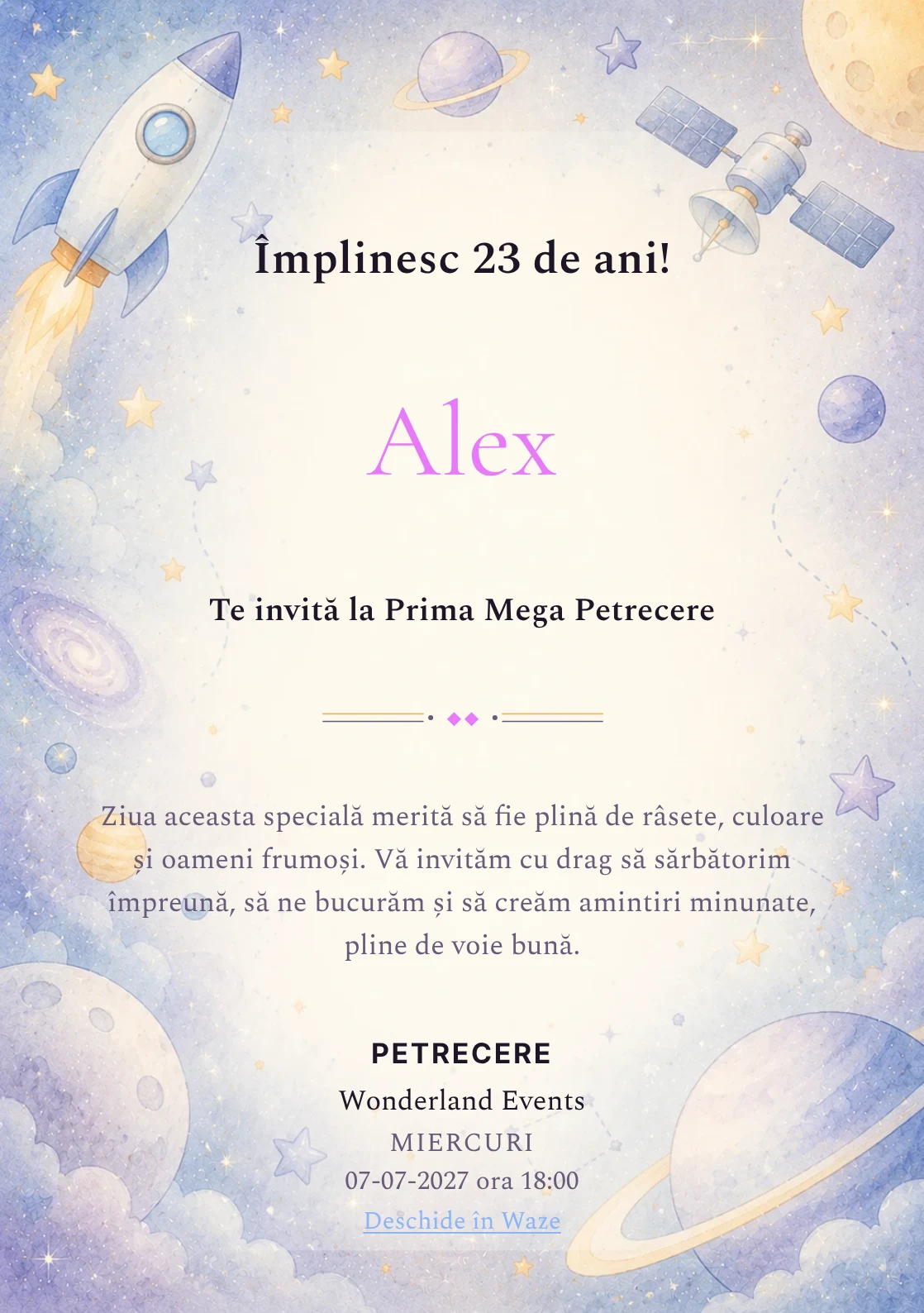 Invitație digitală de zi de naștere Călătorie Spațială, fundal pastel cu rachetă, sateliți și planete pastel