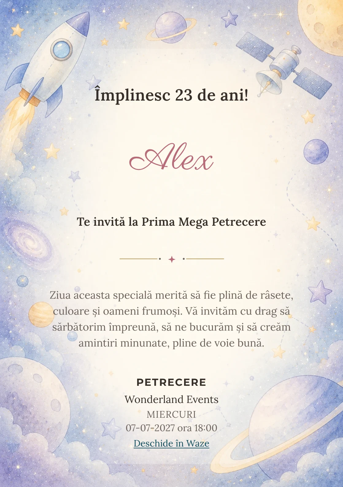 Invitație digitală de zi de naștere Călătorie Spațială, fundal pastel cu rachetă, sateliți și planete pastel