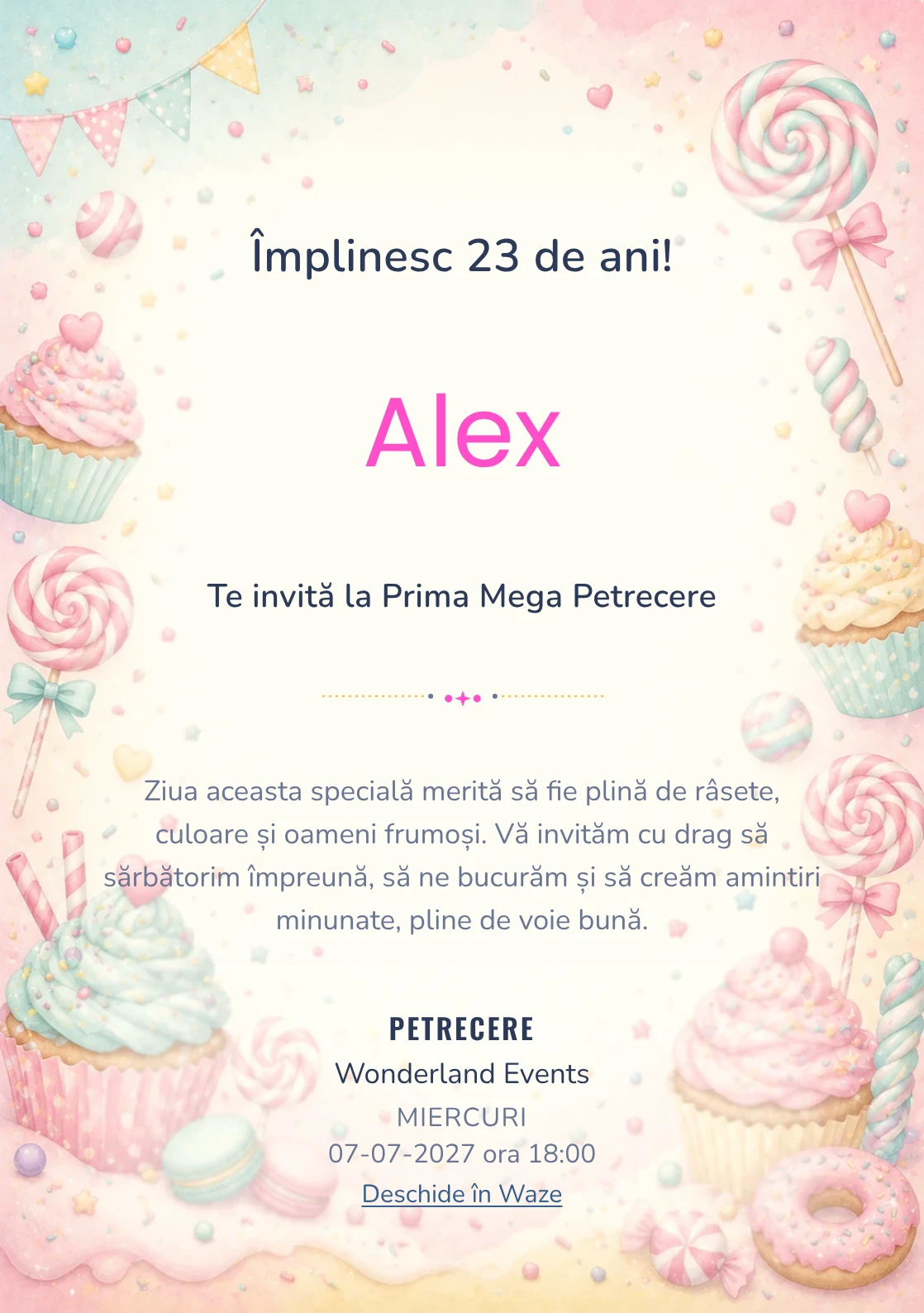 Invitație digitală de zi de naștere Candy Land, fundal pastel cu acadele, cupcakes, confetti și tonuri dulci