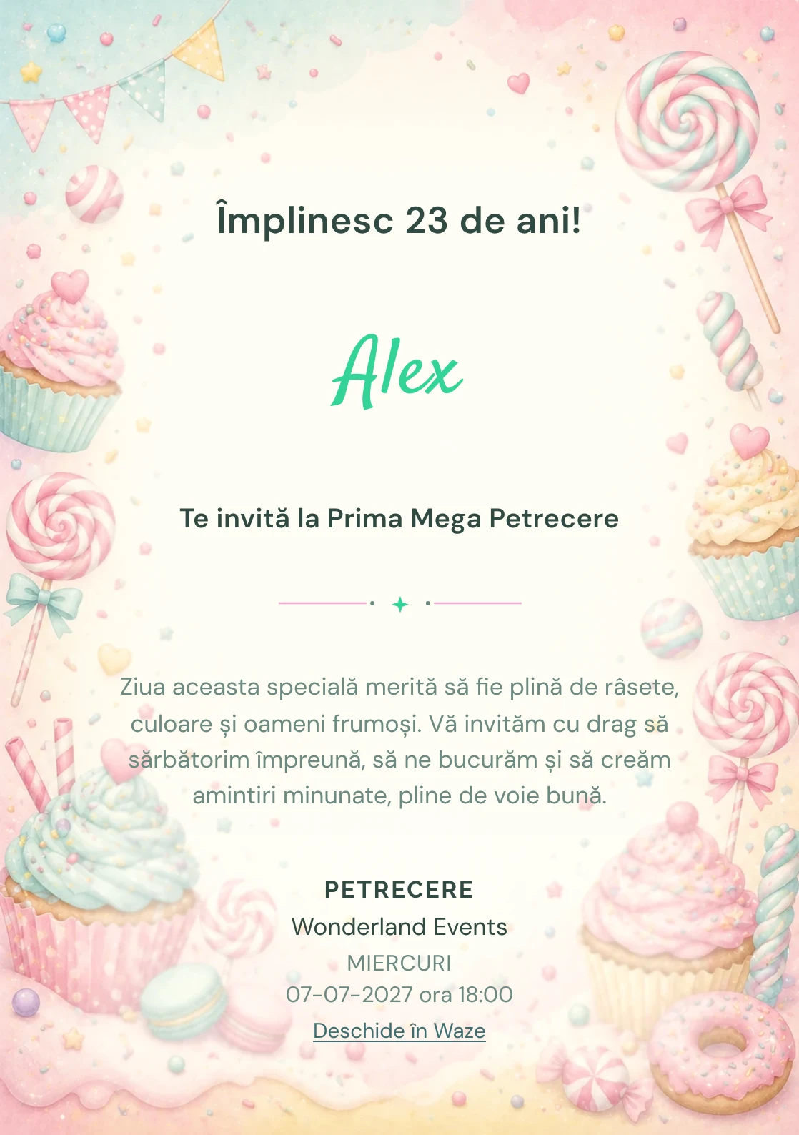 Invitație digitală de zi de naștere Candy Land, fundal pastel cu acadele, cupcakes, confetti și tonuri dulci