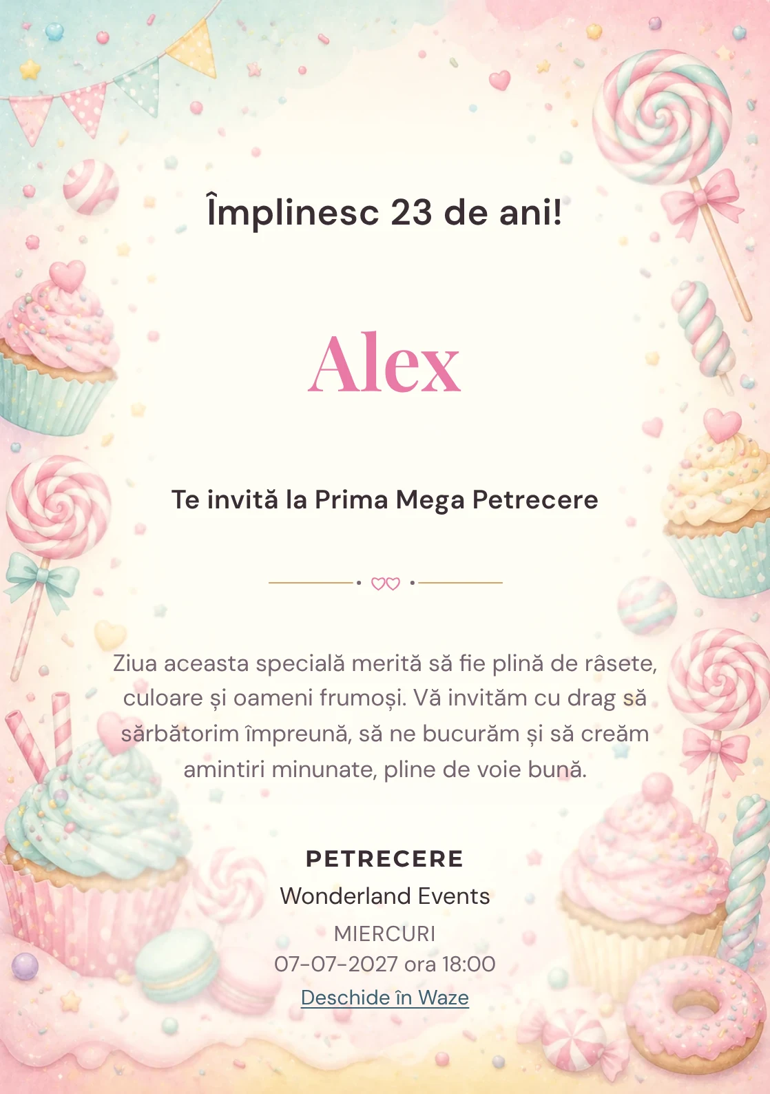 Invitație digitală de zi de naștere Candy Land, fundal pastel cu acadele, cupcakes, confetti și tonuri dulci