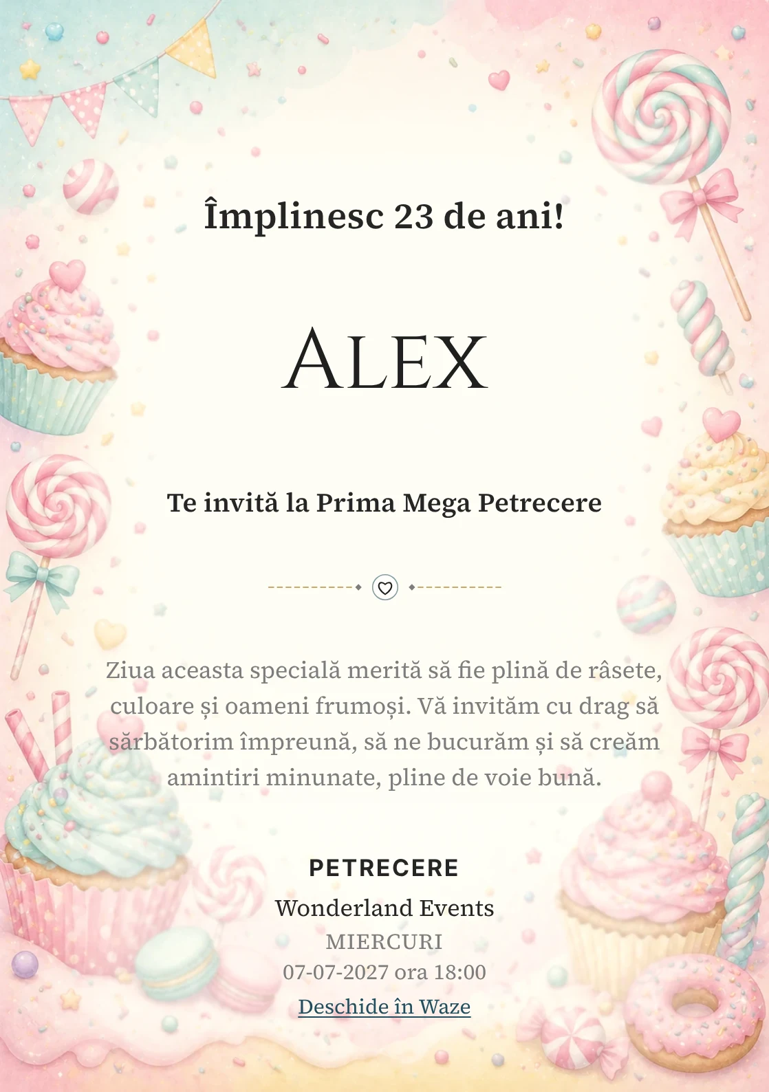 Invitație digitală de zi de naștere Candy Land, fundal pastel cu acadele, cupcakes, confetti și tonuri dulci