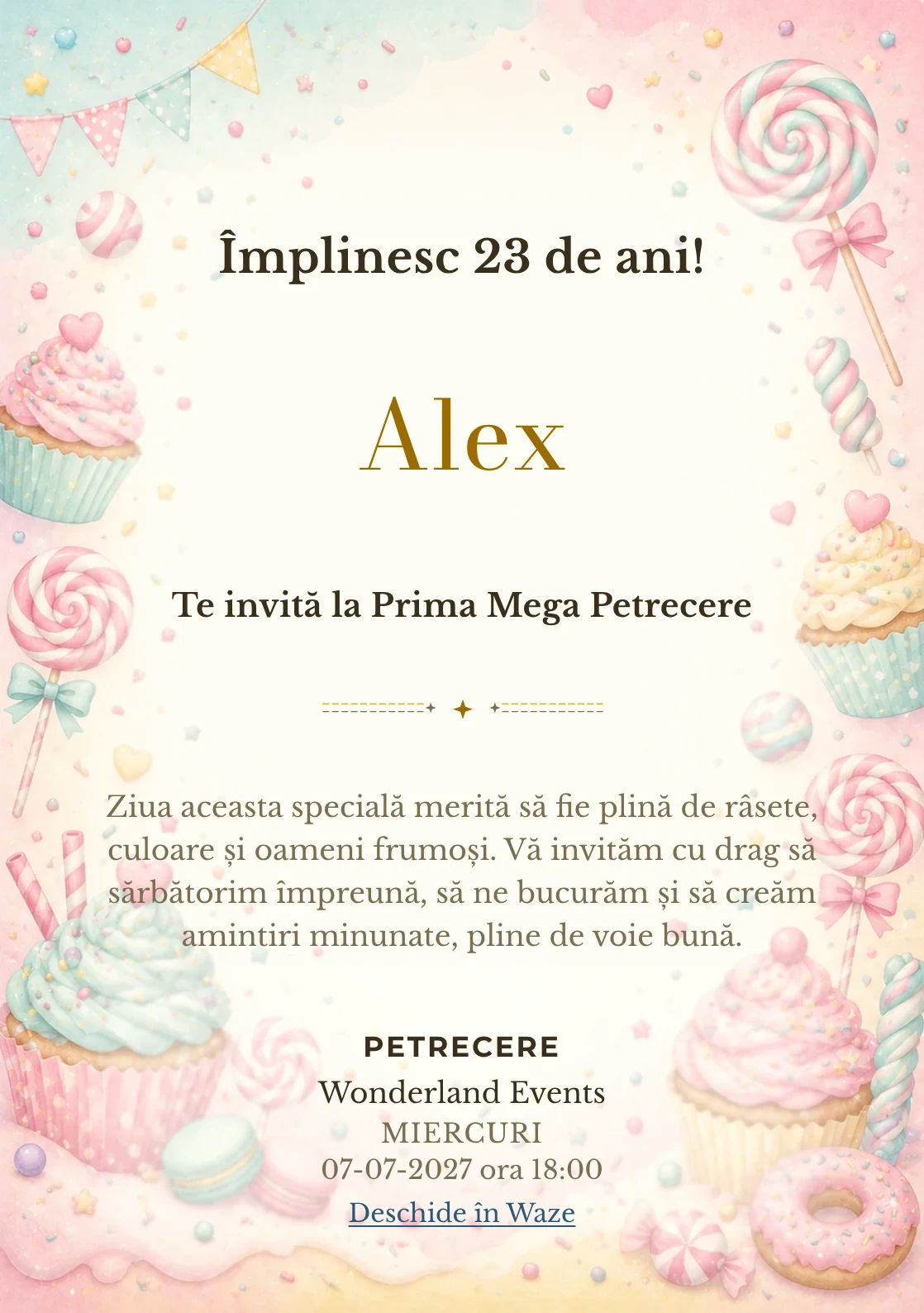 Invitație digitală de zi de naștere Candy Land, fundal pastel cu acadele, cupcakes, confetti și tonuri dulci