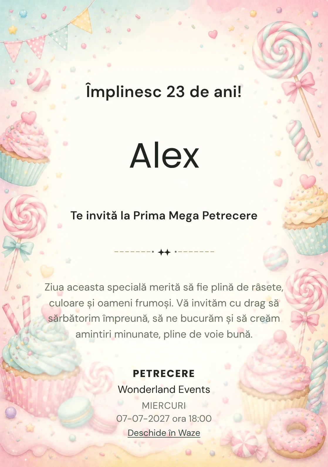 Invitație digitală de zi de naștere Candy Land, fundal pastel cu acadele, cupcakes, confetti și tonuri dulci