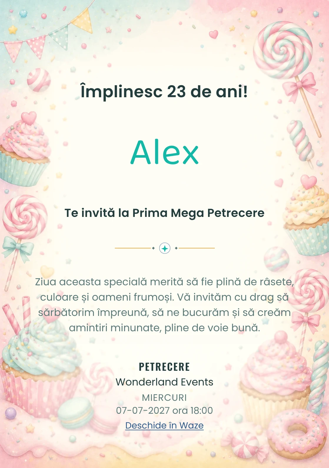 Invitație digitală de zi de naștere Candy Land, fundal pastel cu acadele, cupcakes, confetti și tonuri dulci