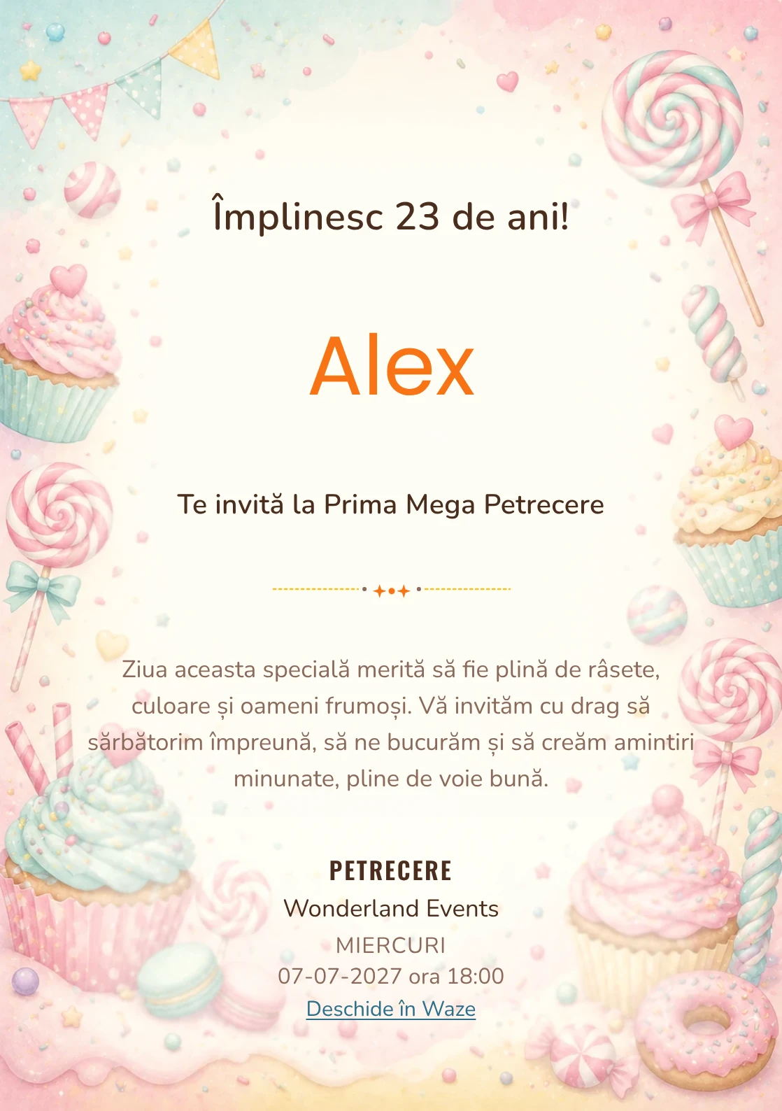 Invitație digitală de zi de naștere Candy Land, fundal pastel cu acadele, cupcakes, confetti și tonuri dulci