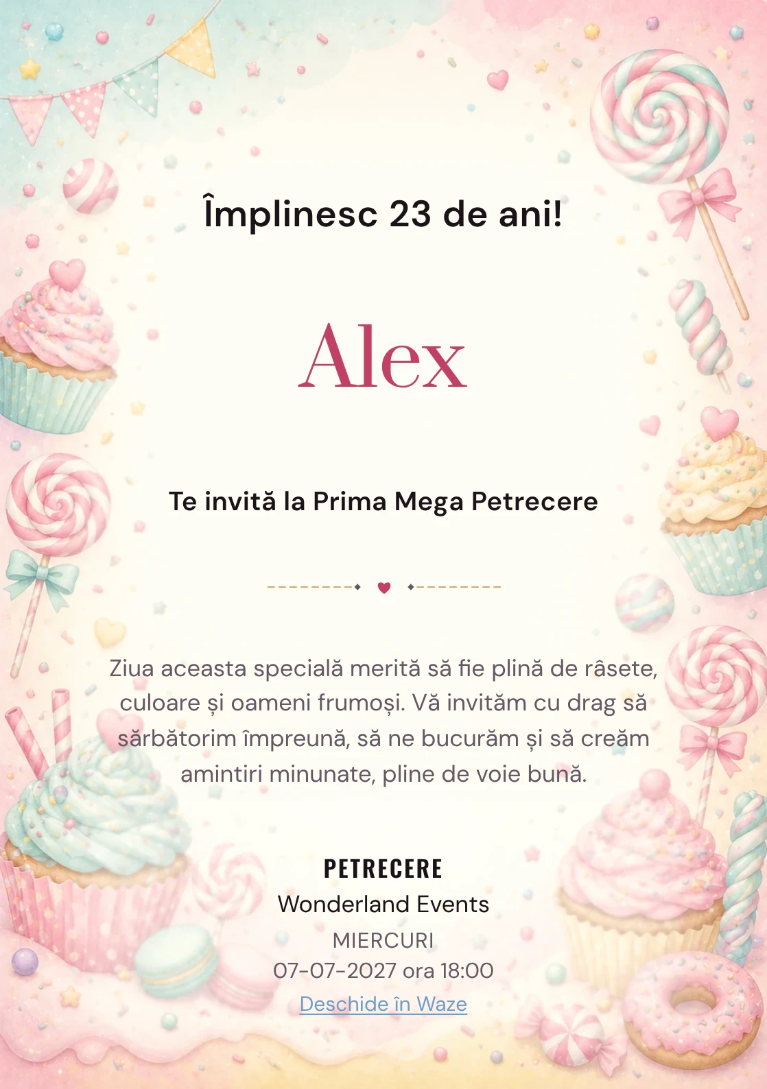 Invitație digitală de zi de naștere Candy Land, fundal pastel cu acadele, cupcakes, confetti și tonuri dulci