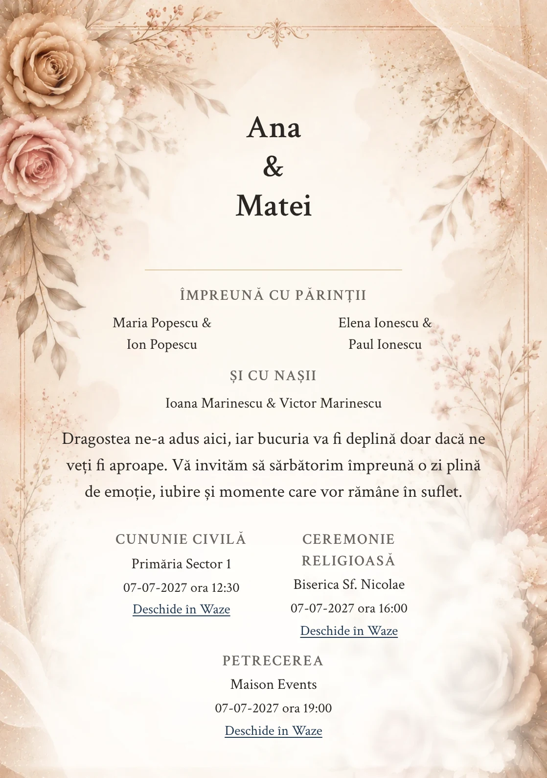 Invitație digitală de nuntă Cappuccino Bloom, fundal cappuccino florală, potrivit pentru pachetele Basic și Premium