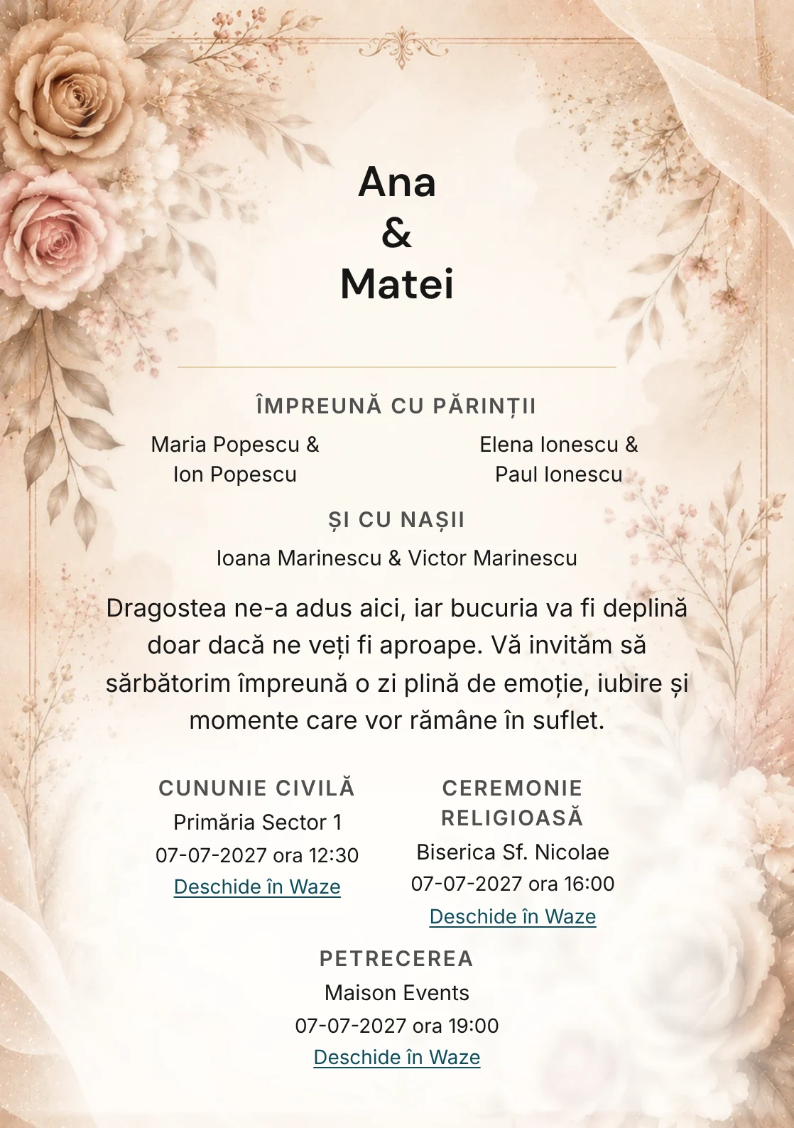 Invitație digitală de nuntă Cappuccino Bloom, fundal cappuccino florală, potrivit pentru pachetele Basic și Premium