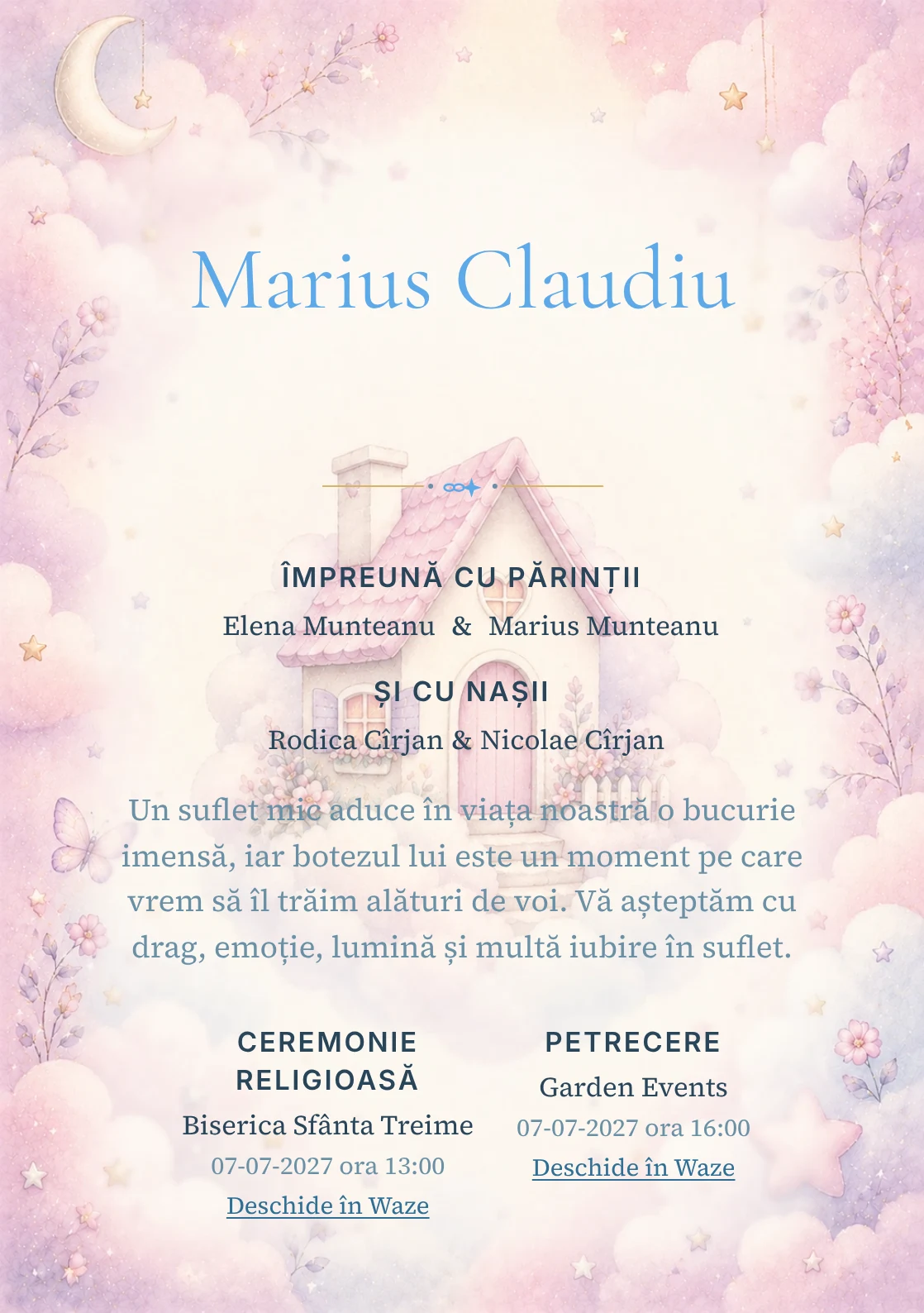 Invitație digitală de botez Căsuța Norilor, fundal cu căsuță mică printre nori, roz ceață, mov prăfuit și detalii de basm și centru luminos pentru text
