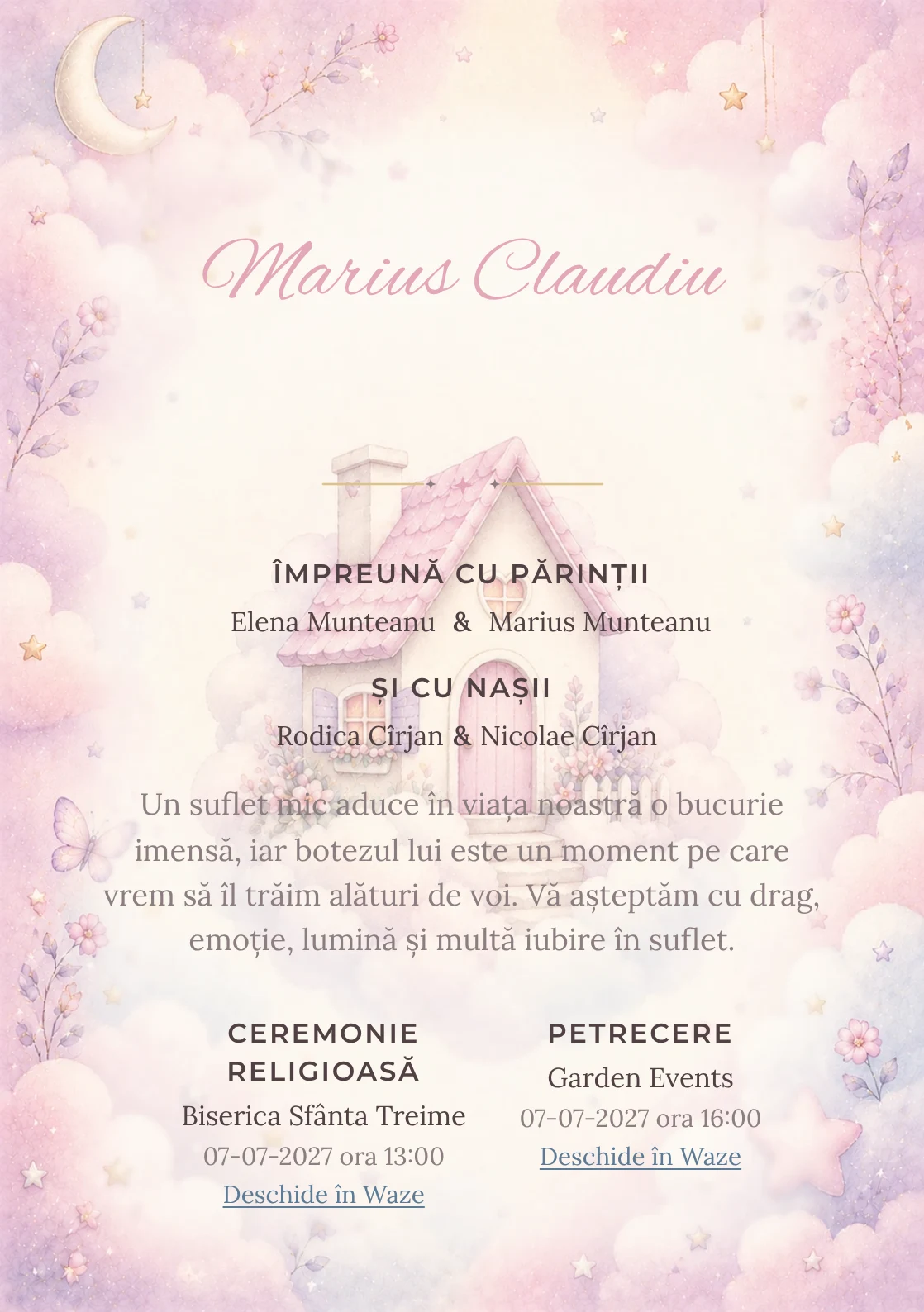 Invitație digitală de botez Căsuța Norilor, fundal cu căsuță mică printre nori, roz ceață, mov prăfuit și detalii de basm și centru luminos pentru text