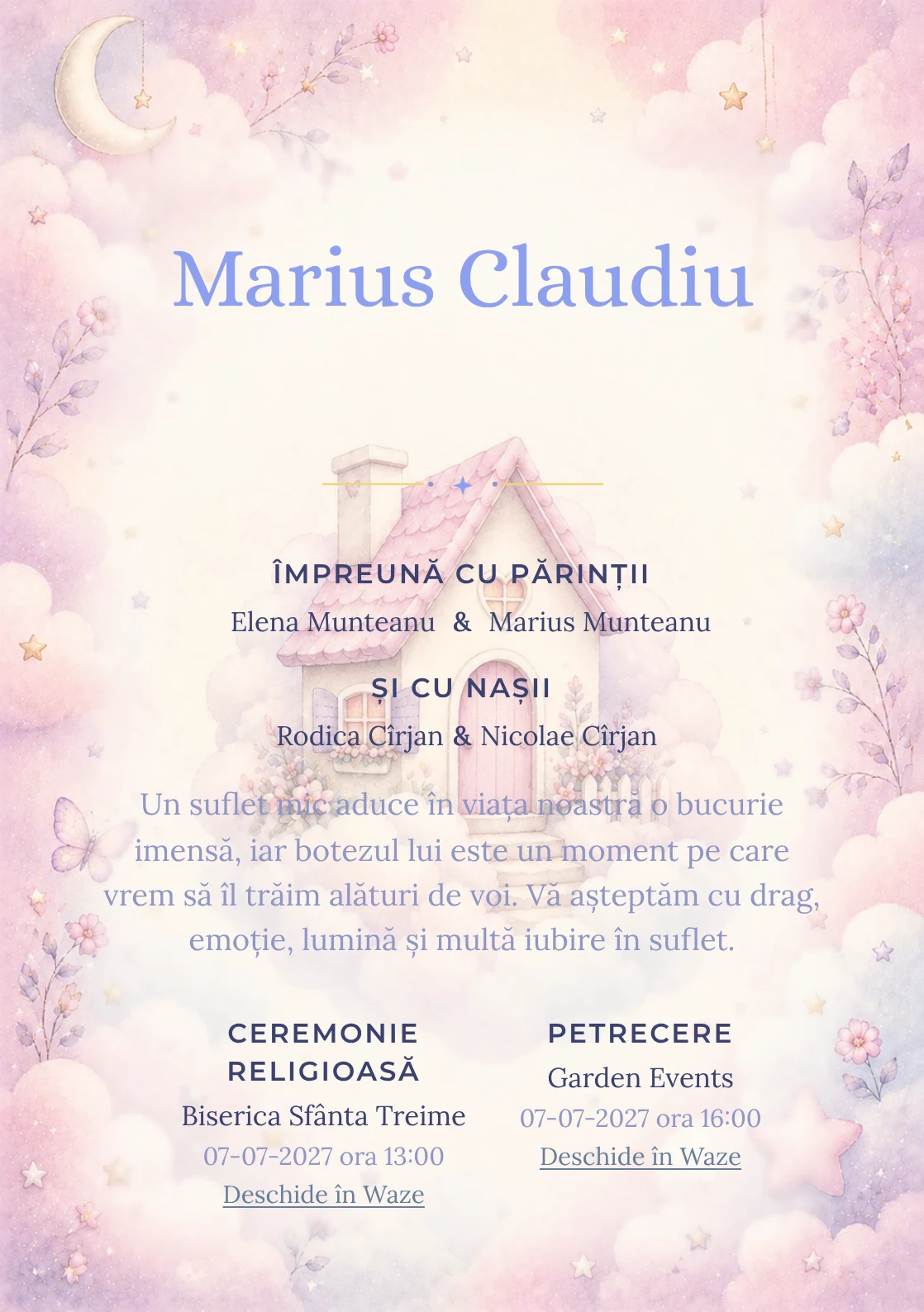Invitație digitală de botez Căsuța Norilor, fundal cu căsuță mică printre nori, roz ceață, mov prăfuit și detalii de basm și centru luminos pentru text