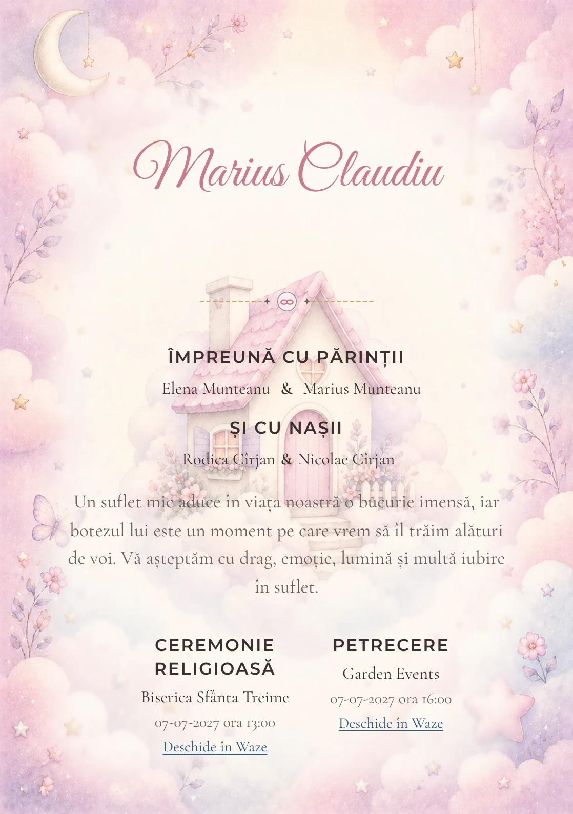 Invitație digitală de botez Căsuța Norilor, fundal cu căsuță mică printre nori, roz ceață, mov prăfuit și detalii de basm și centru luminos pentru text