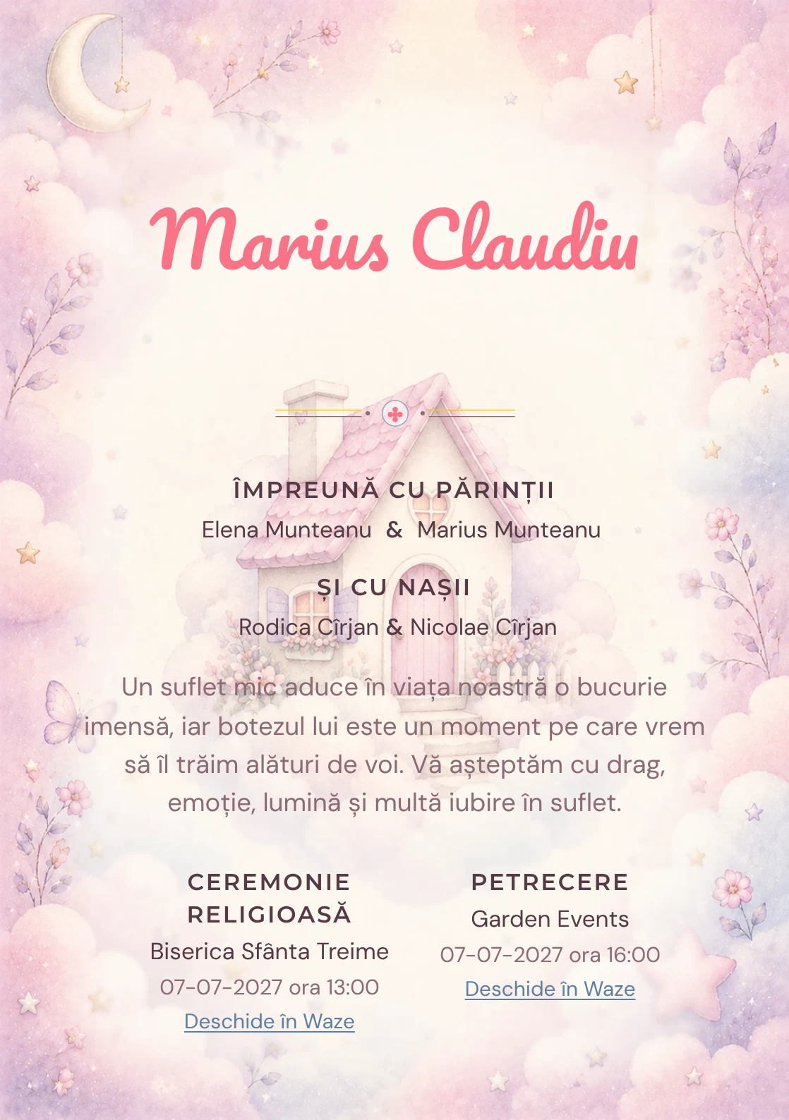 Invitație digitală de botez Căsuța Norilor, fundal cu căsuță mică printre nori, roz ceață, mov prăfuit și detalii de basm și centru luminos pentru text