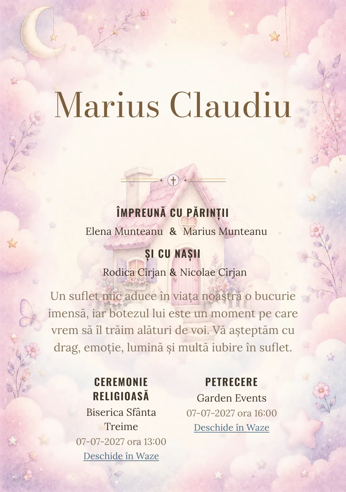 Invitație digitală de botez Căsuța Norilor, fundal cu căsuță mică printre nori, roz ceață, mov prăfuit și detalii de basm și centru luminos pentru text