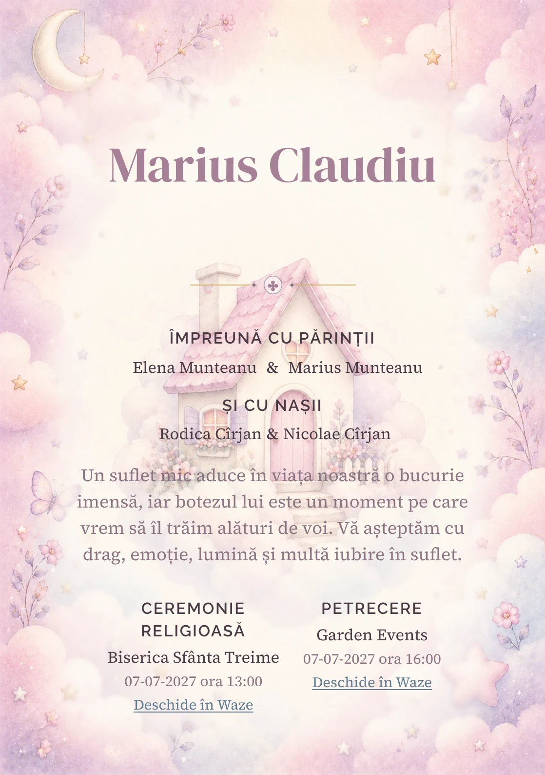 Invitație digitală de botez Căsuța Norilor, fundal cu căsuță mică printre nori, roz ceață, mov prăfuit și detalii de basm și centru luminos pentru text
