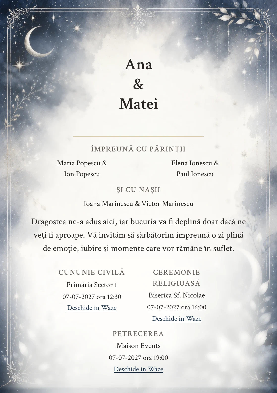 Invitație digitală de nuntă Celestial Love, fundal celestială, potrivit pentru pachetele Basic și Premium