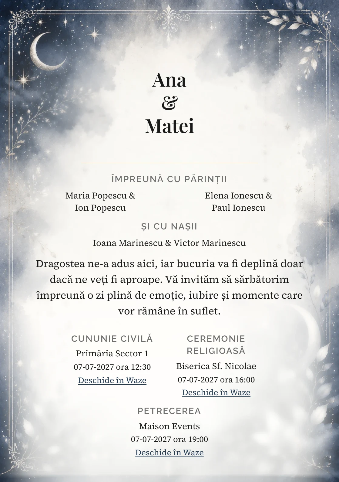 Invitație digitală de nuntă Celestial Love, fundal celestială, potrivit pentru pachetele Basic și Premium