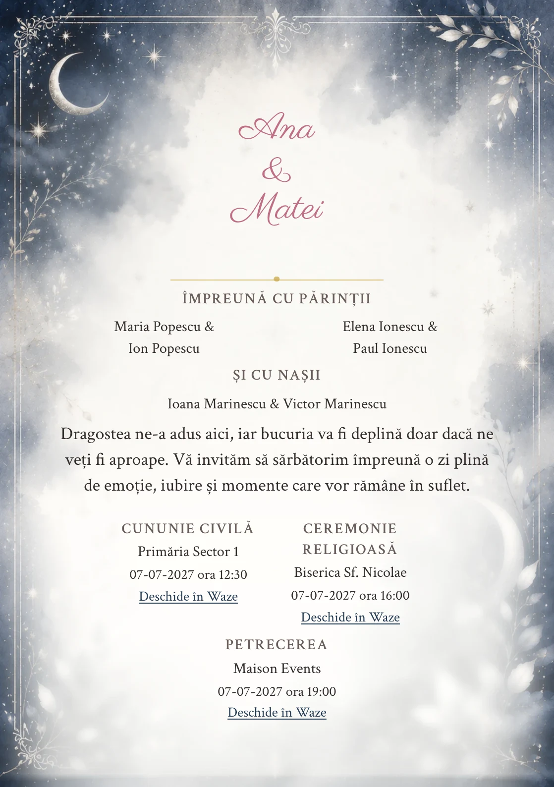 Invitație digitală de nuntă Celestial Love, fundal celestială, potrivit pentru pachetele Basic și Premium