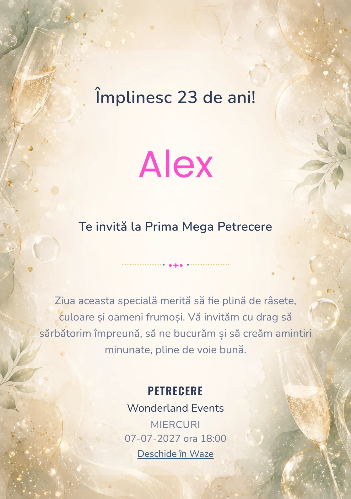 Invitație digitală aniversară Champagne Mood, fundal premium cu bule fine, glow premium și verde salvie pal