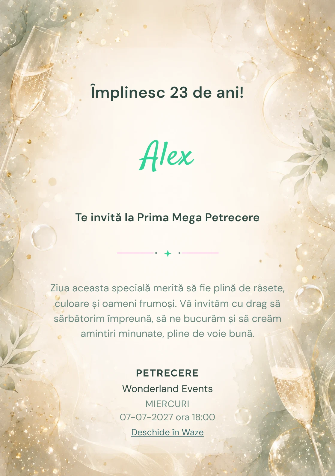 Invitație digitală aniversară Champagne Mood, fundal premium cu bule fine, glow premium și verde salvie pal