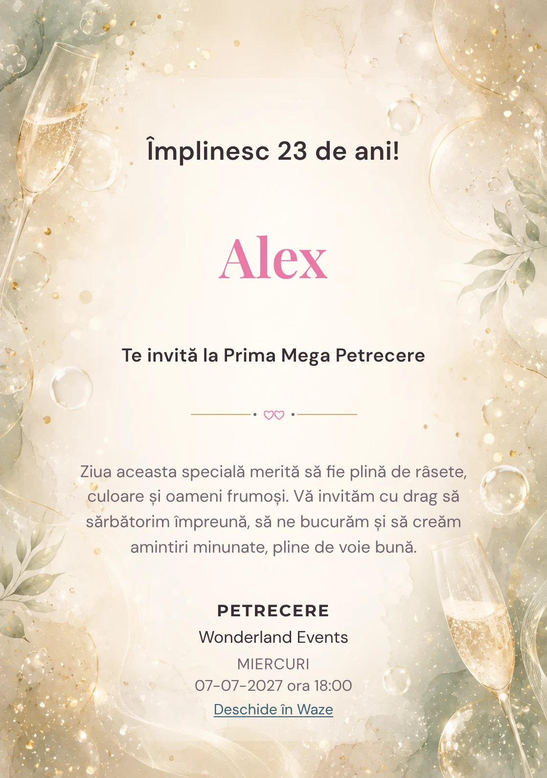 Invitație digitală aniversară Champagne Mood, fundal premium cu bule fine, glow premium și verde salvie pal