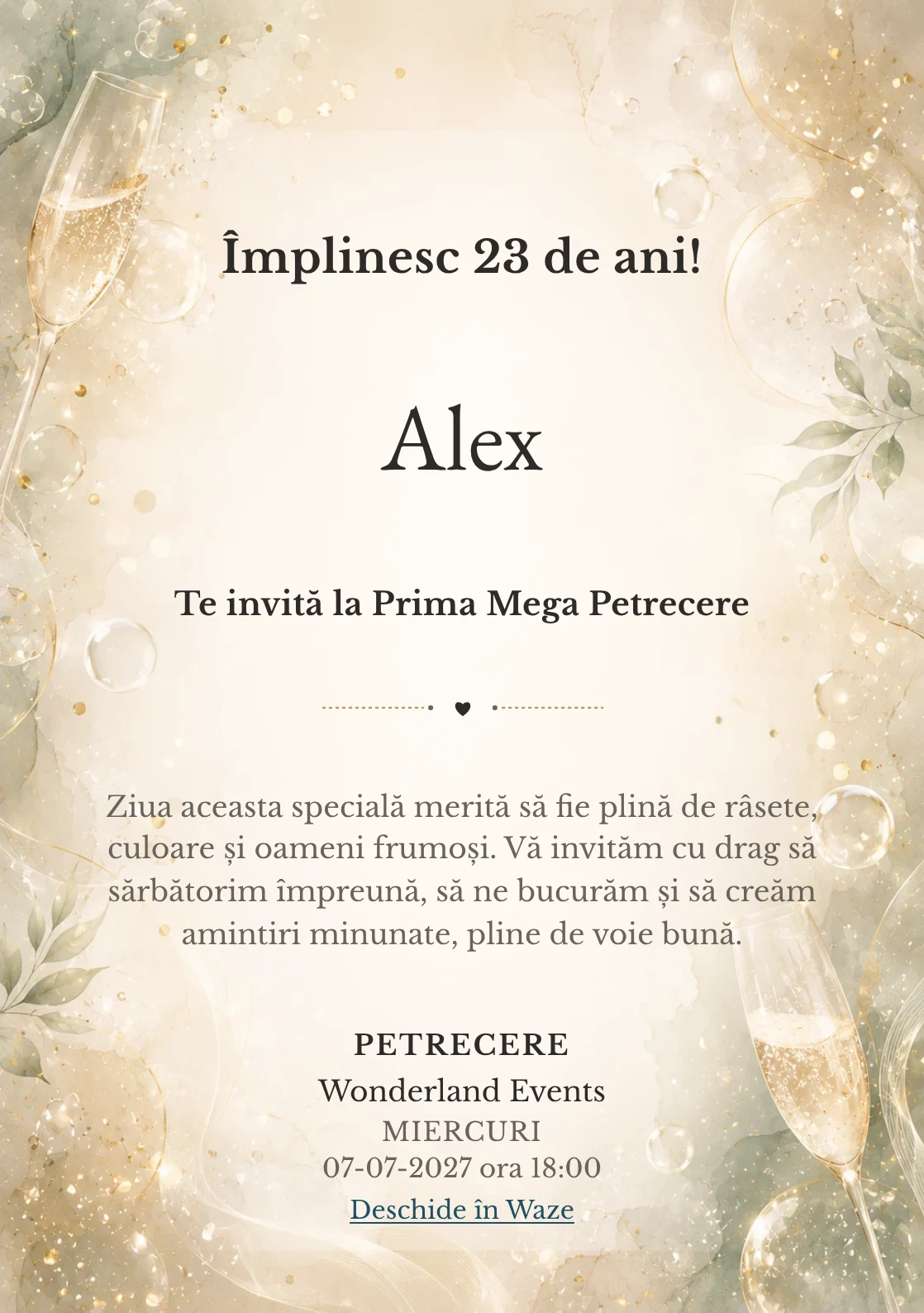 Invitație digitală aniversară Champagne Mood, fundal premium cu bule fine, glow premium și verde salvie pal
