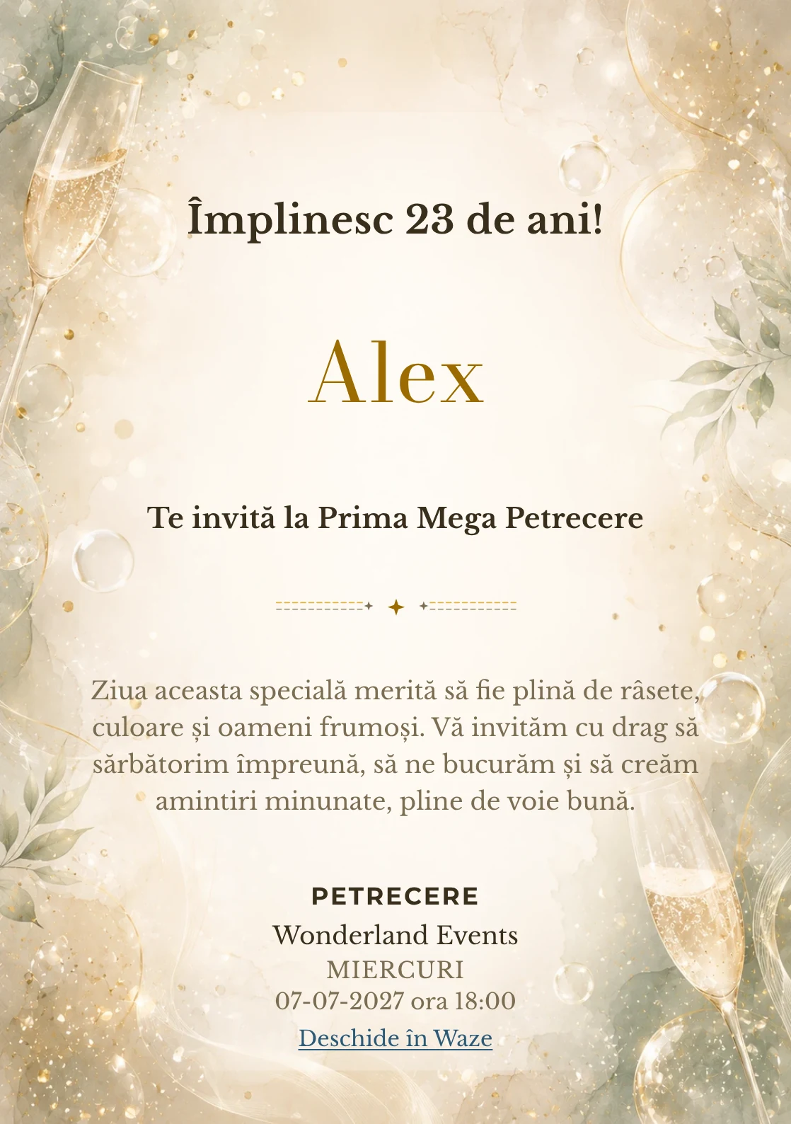 Invitație digitală aniversară Champagne Mood, fundal premium cu bule fine, glow premium și verde salvie pal